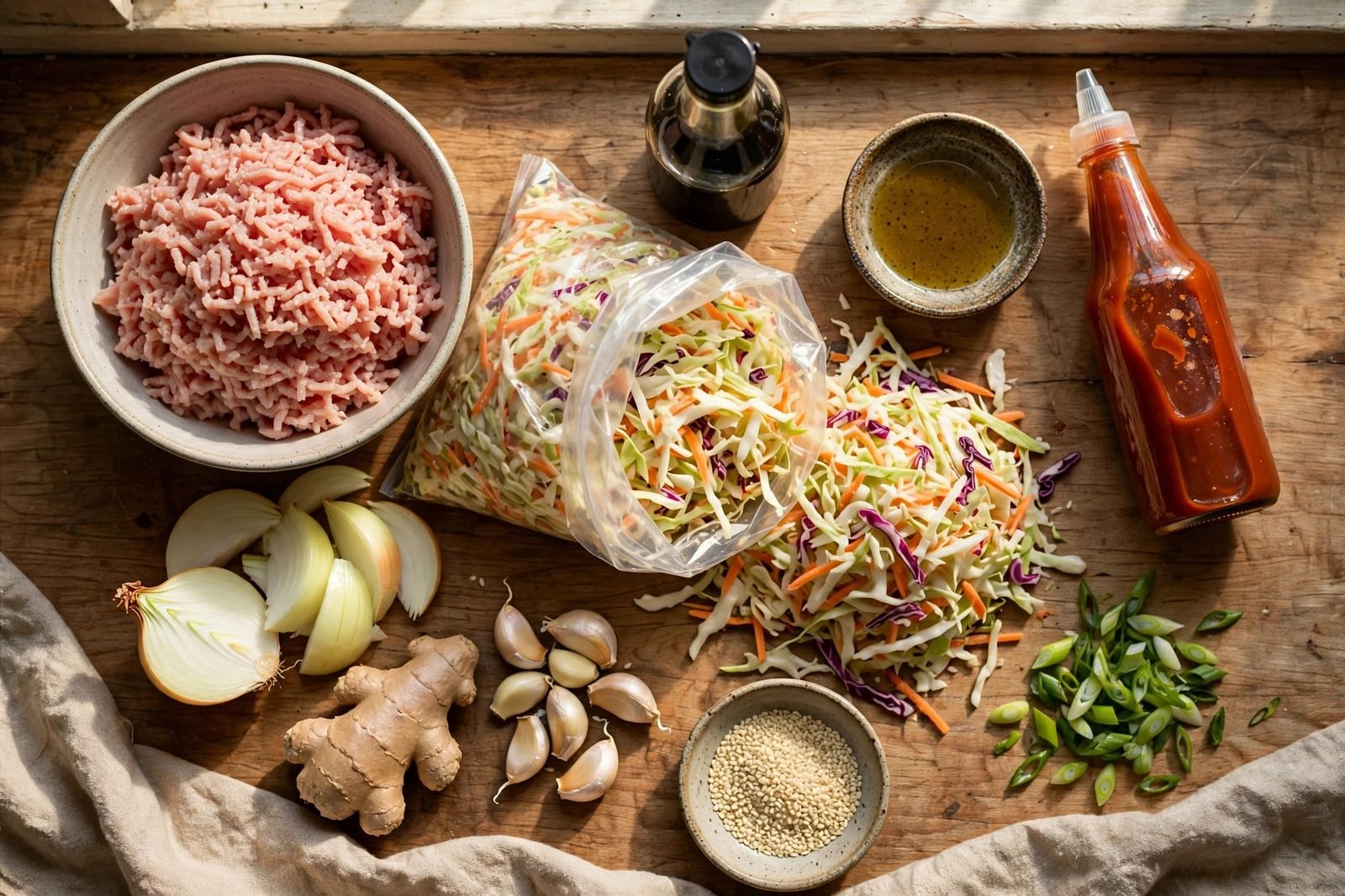 Ingredients for egg roll bowls: ground turkey, bag of coleslaw mix, onion, ginger, garlic, soy sauce, sesame oil, sriracha, green onions, and sesame seeds.