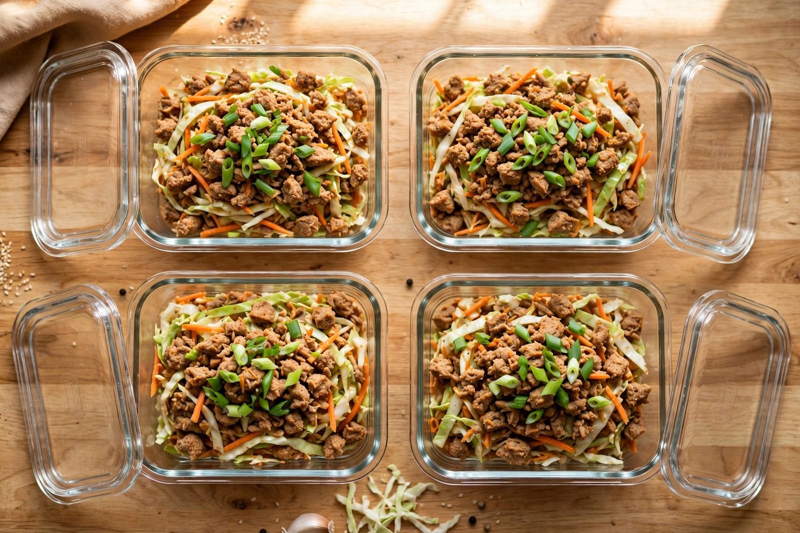 Portioned egg roll bowls in glass meal-prep containers.