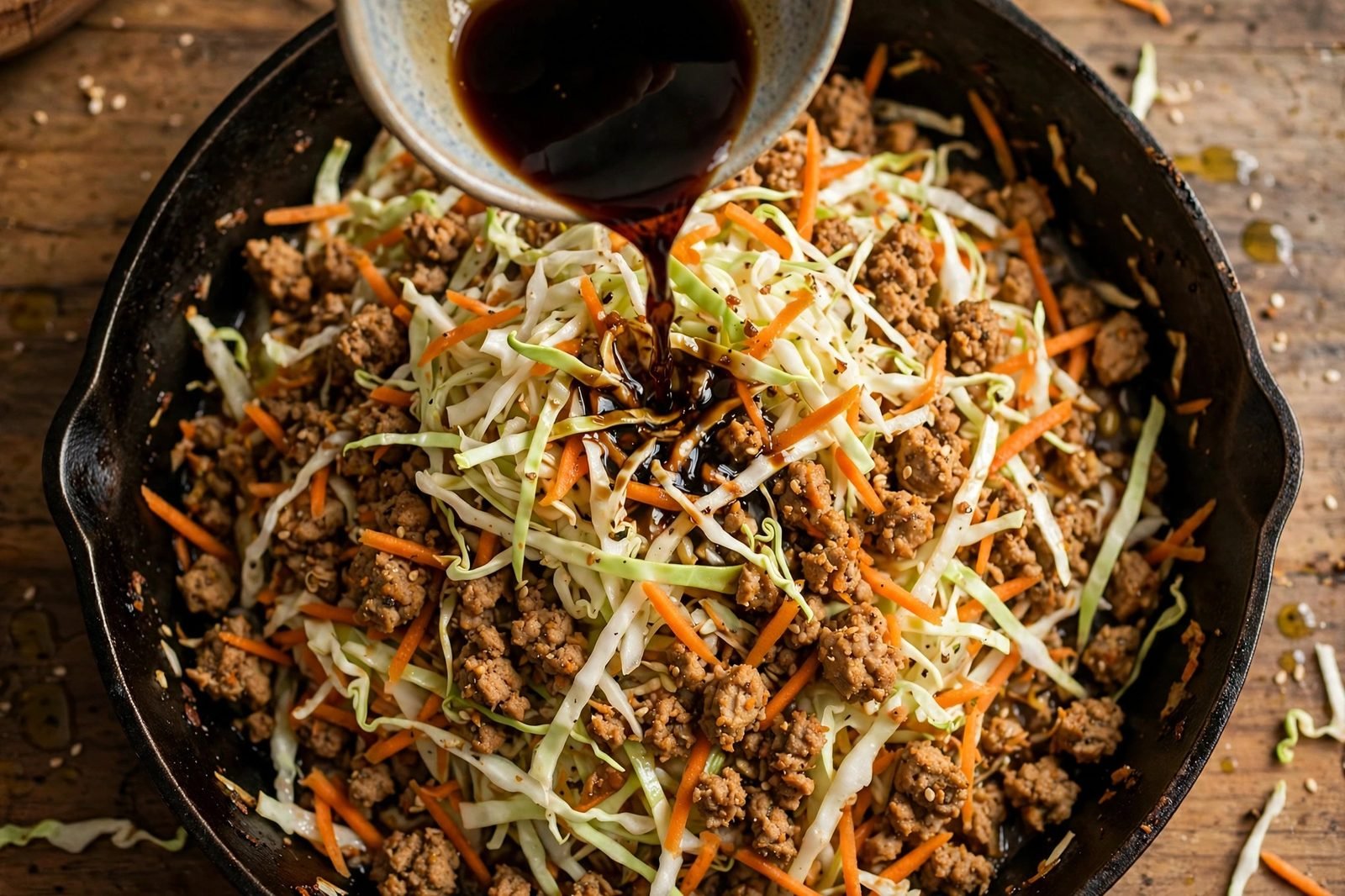 Soy sauce mixture being poured over the cabbage mound in the skillet.