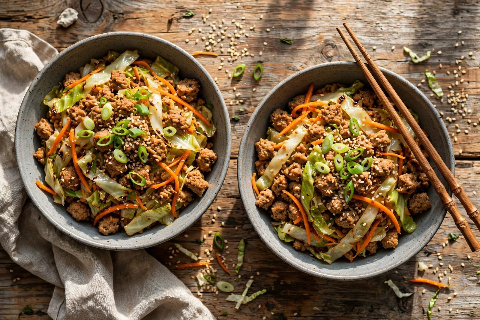 Two bowls of egg roll bowls topped with green onions and sesame seeds.