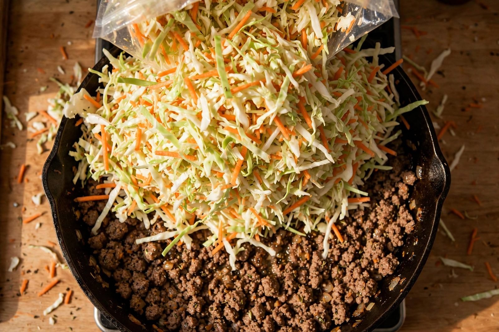 A mound of shredded cabbage and carrots being added to the skillet from the bag.
