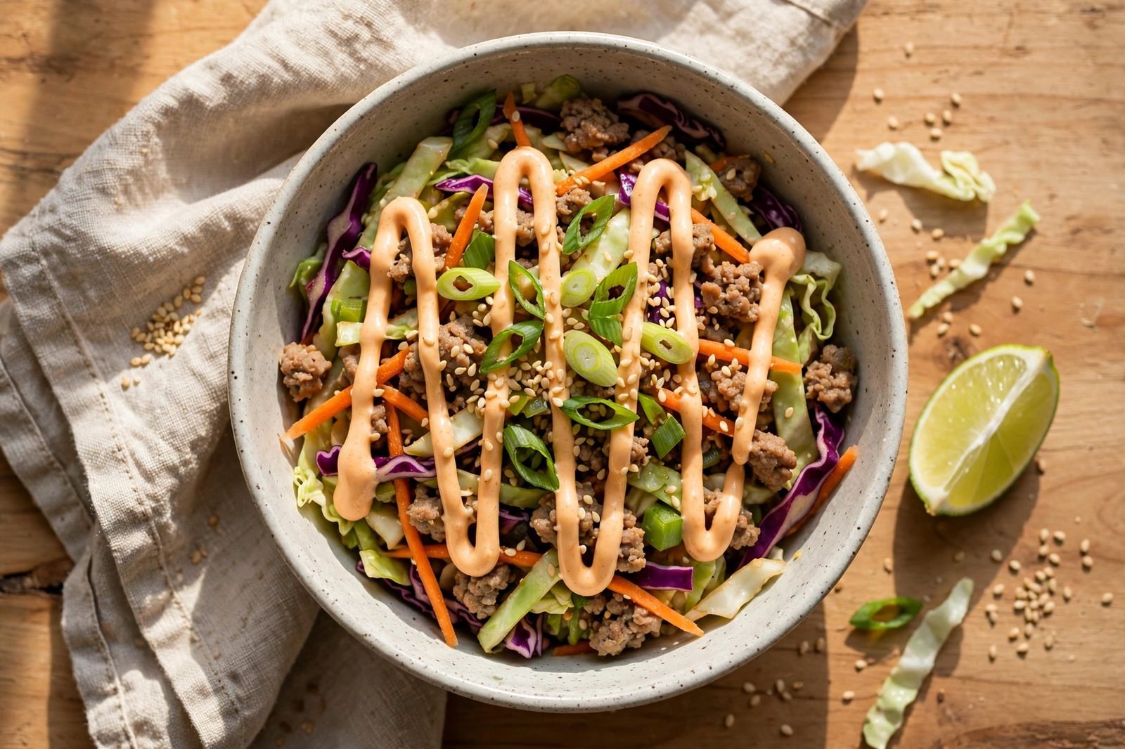 Overhead of one finished bowl with sriracha drizzle, green onions, and sesame seeds.