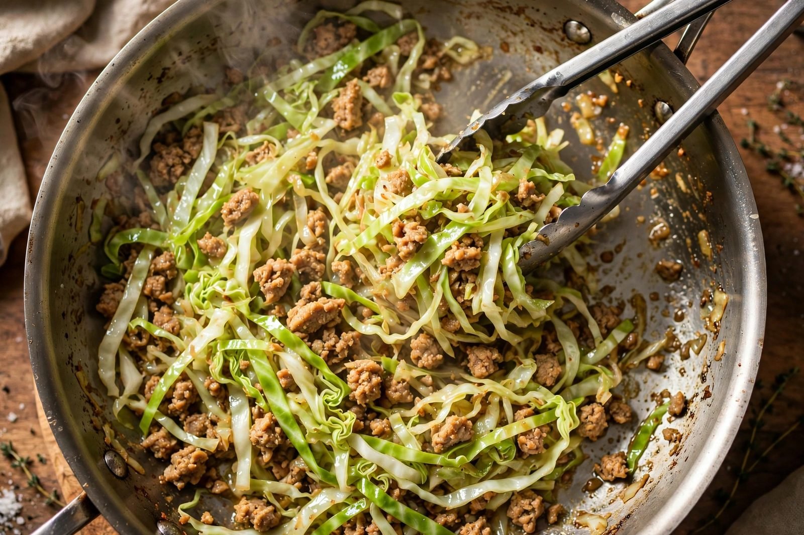 Cabbage wilting down in the skillet — glossy and bright — being tossed with tongs.