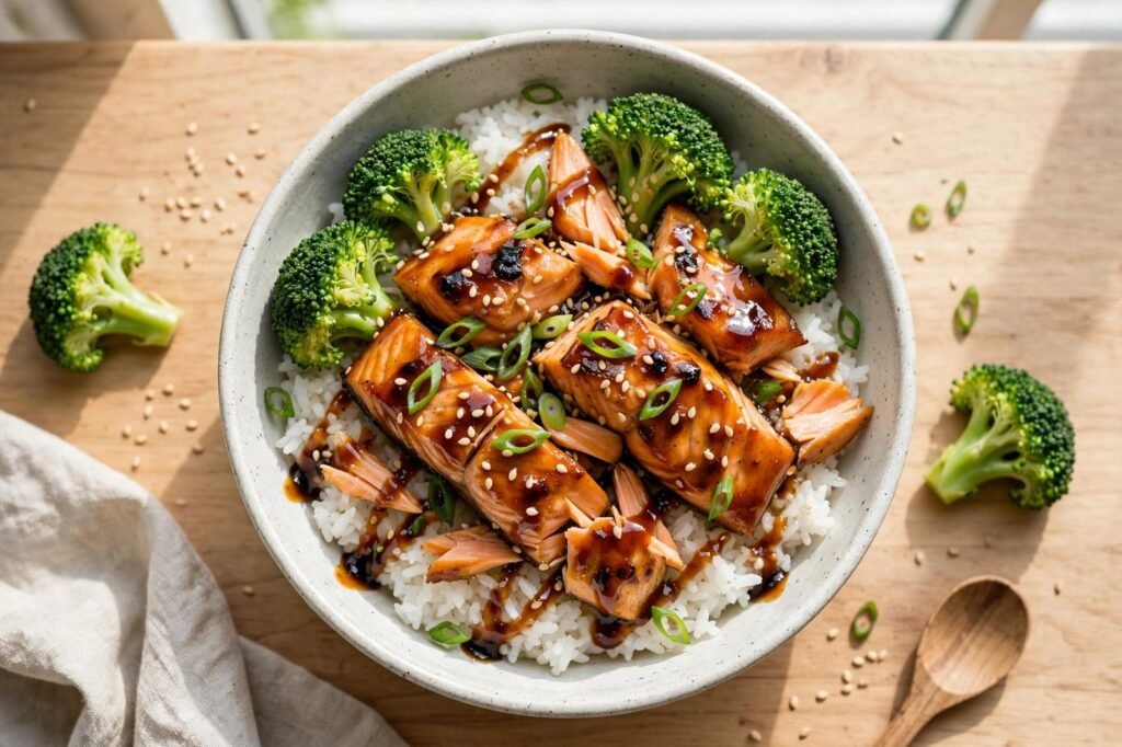 Teriyaki salmon bowl with rice, broccoli, and sesame garnish (illustrative image)