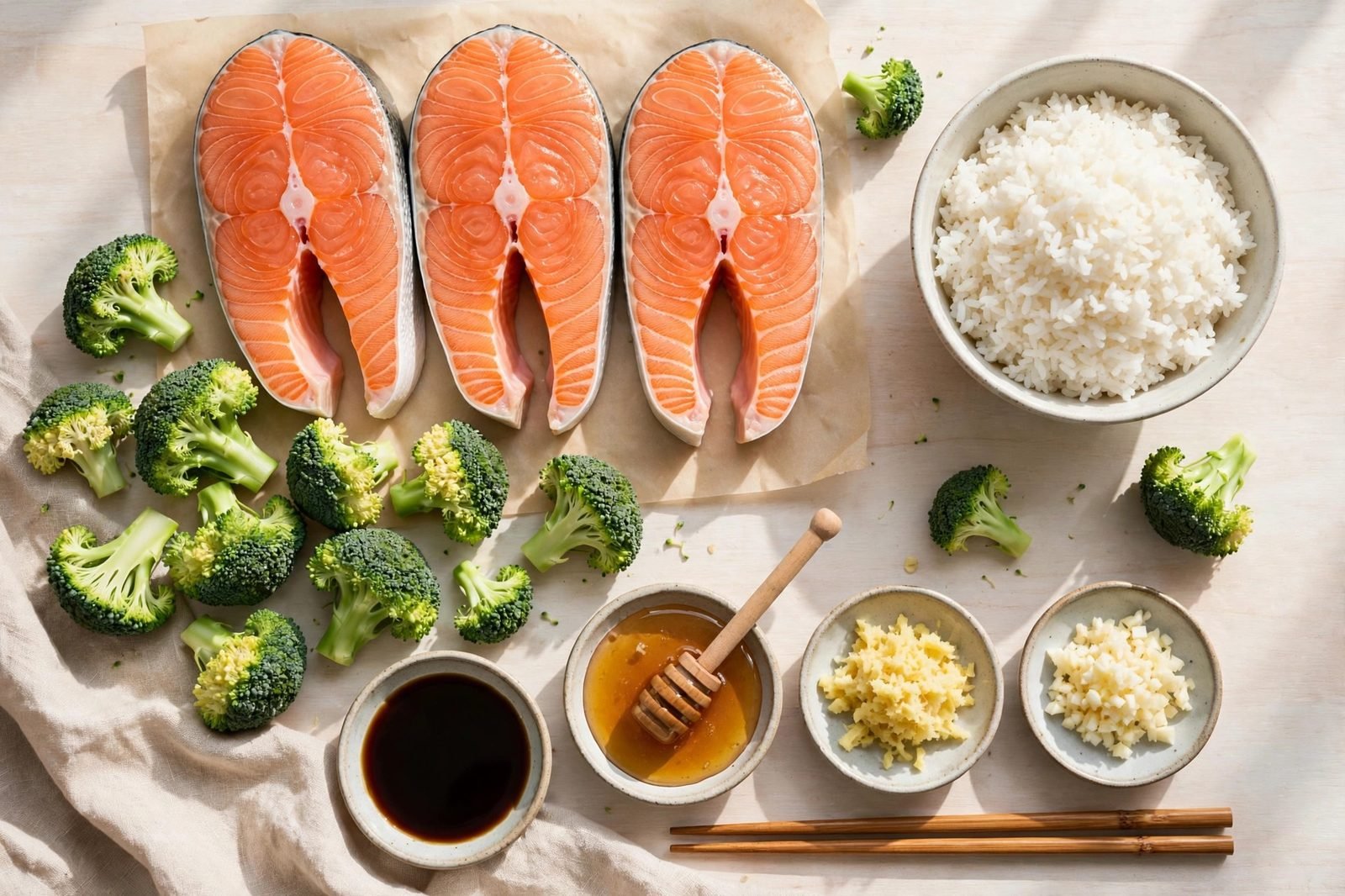 Ingredients for teriyaki salmon bowls arranged on a table (illustrative image)