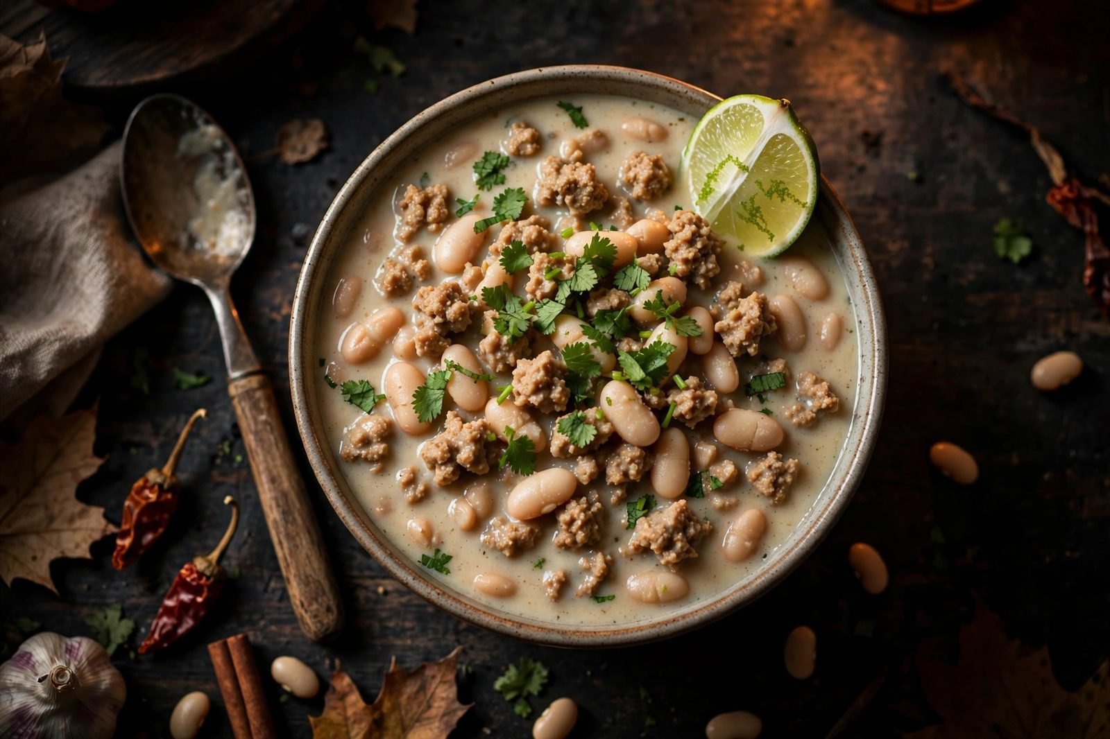 Bowl of white bean turkey chili topped with cilantro and lime (illustrative image)