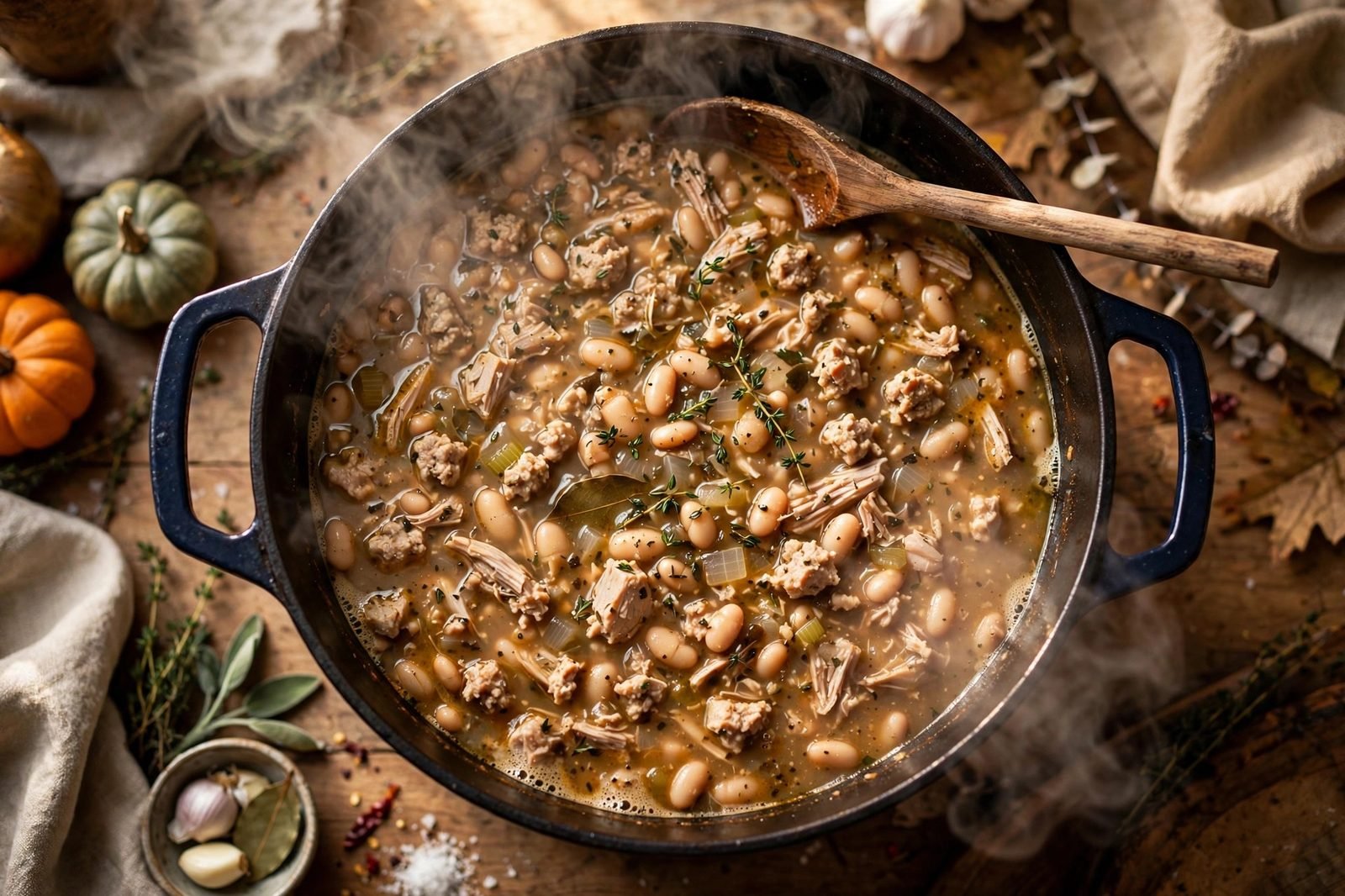 White bean turkey chili simmering in a Dutch oven (illustrative image)