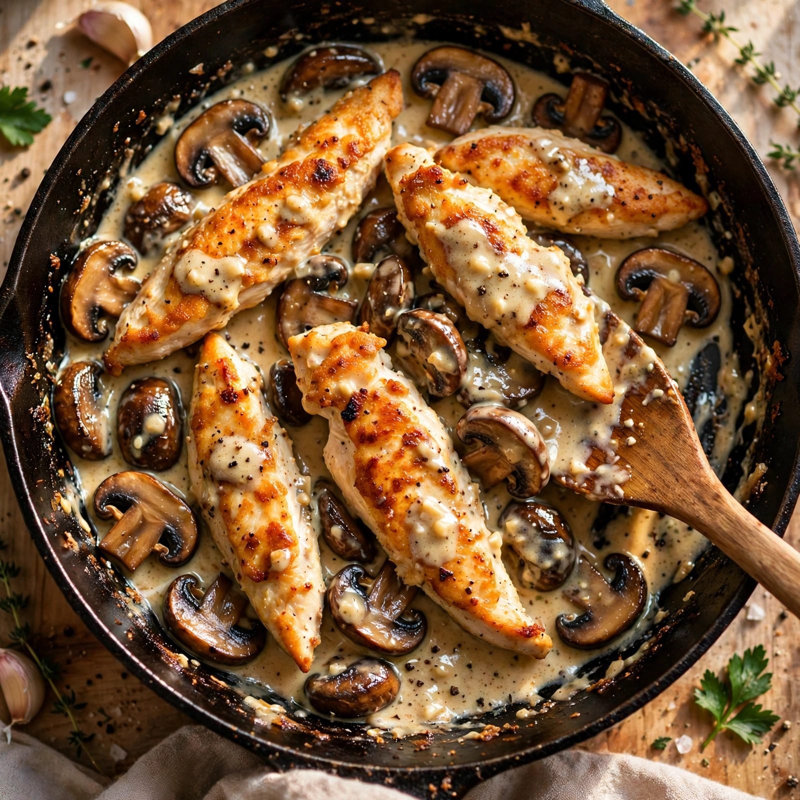 Chicken strips and mushrooms being folded back into the cream sauce.
