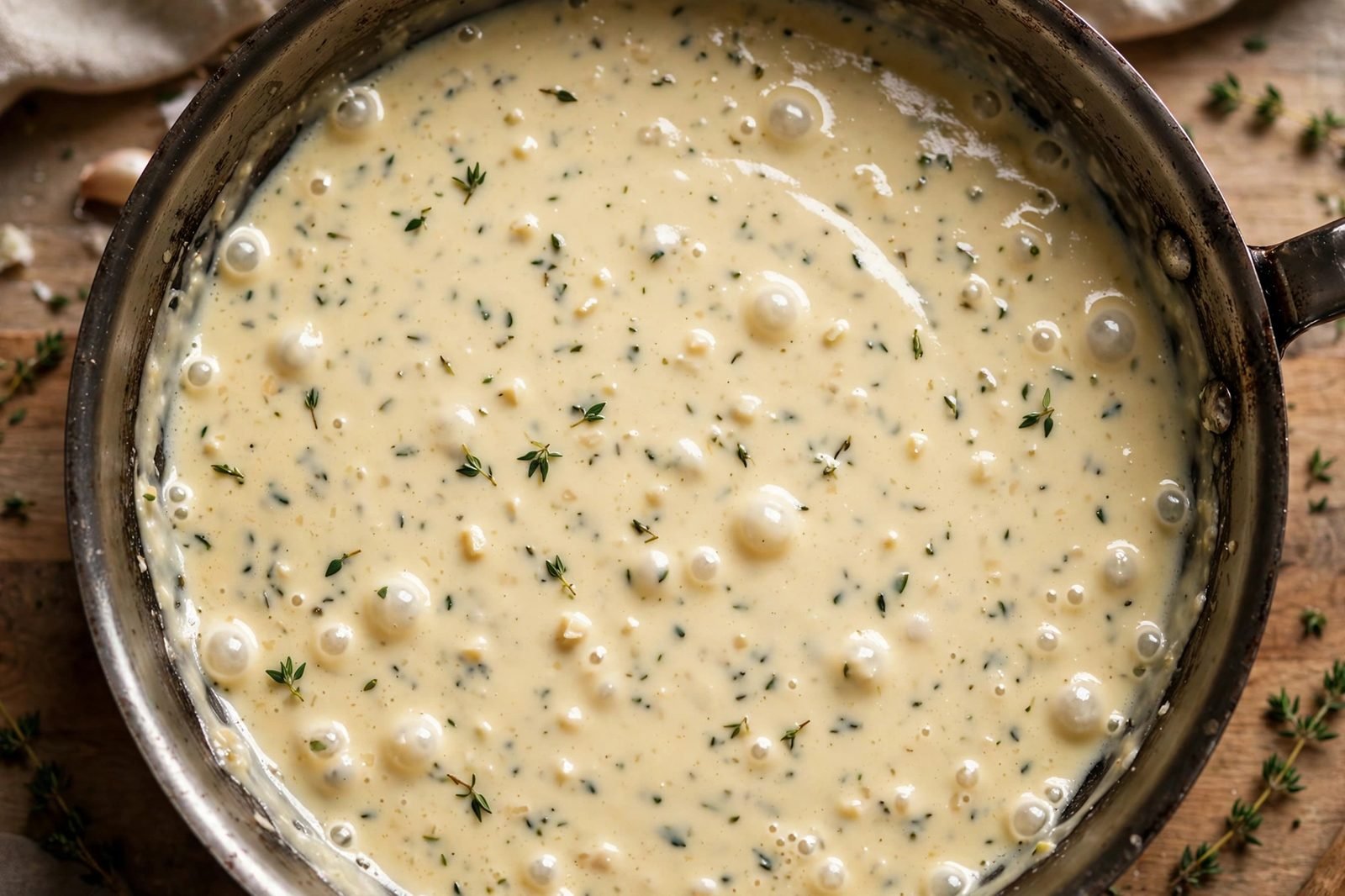 Silky garlic cream sauce simmering gently in a skillet.