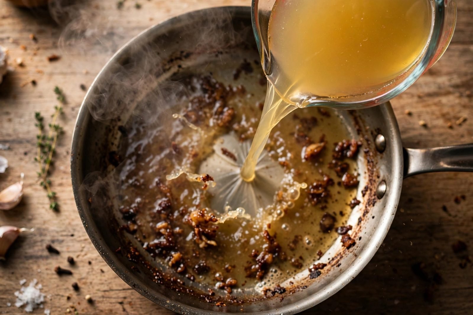 Chicken broth being poured into a skillet, lifting browned bits from the bottom.