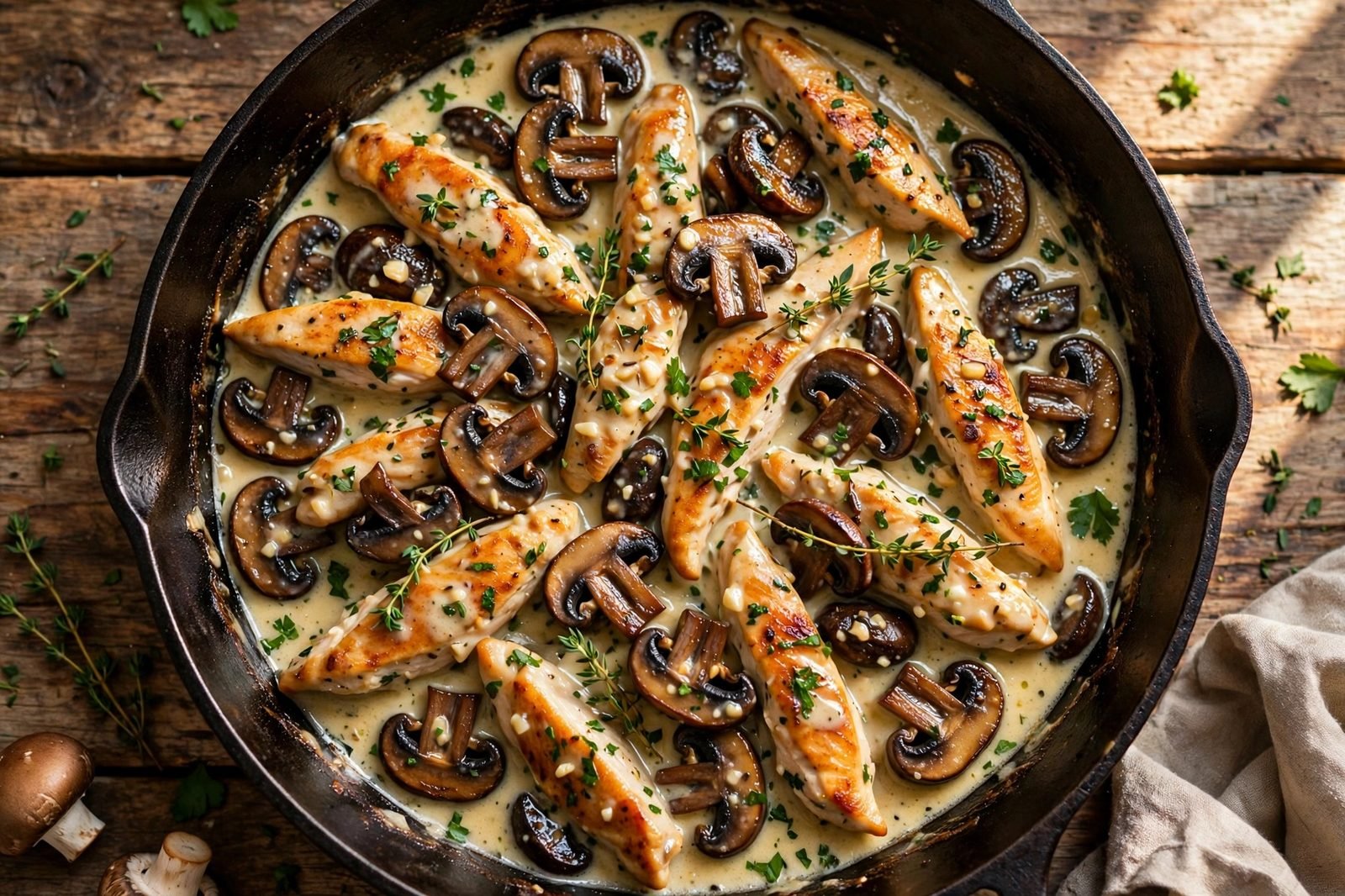 Overhead of a finished skillet of creamy garlic butter chicken and mushrooms: golden chicken strips and browned mushrooms in glossy garlic cream sauce with thyme.