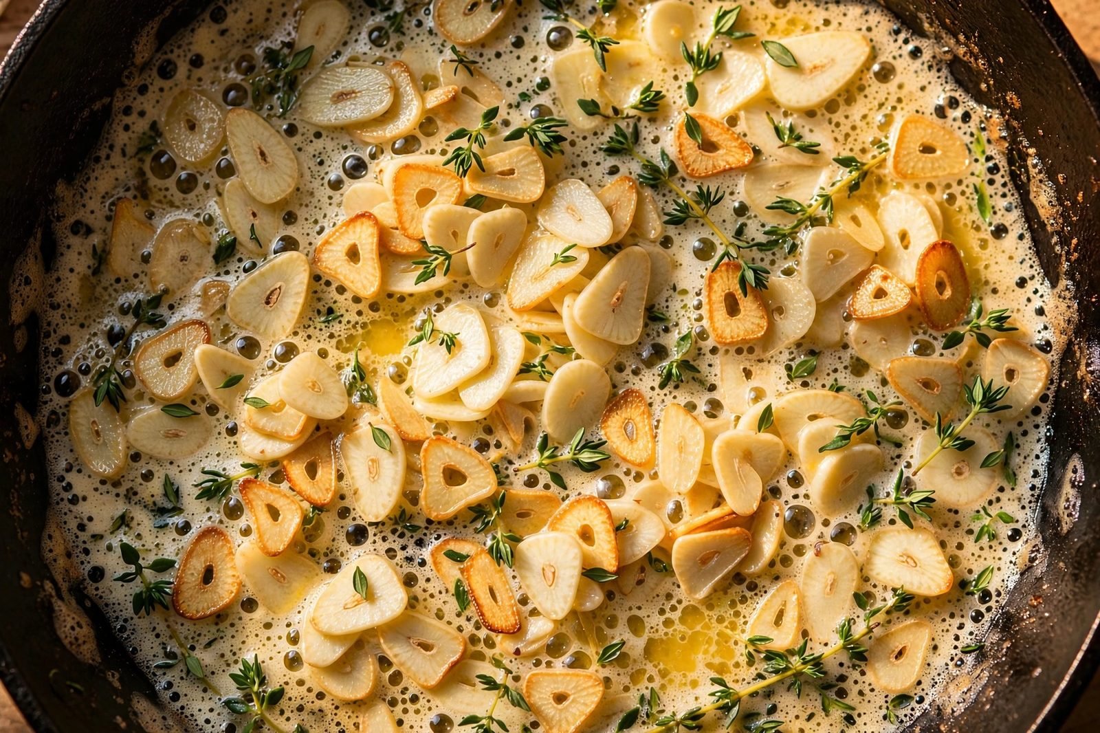 Close-up of sliced garlic and thyme sizzling in melted butter in a skillet.