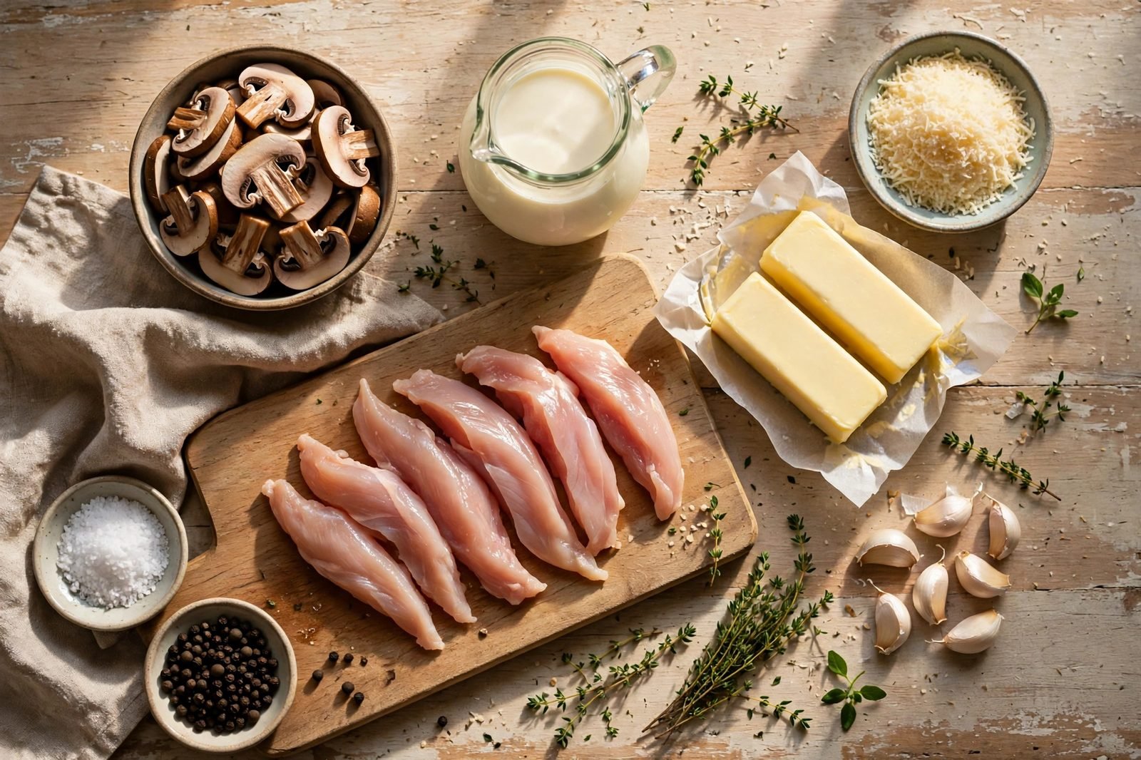 Ingredients for garlic butter chicken and mushrooms arranged on a counter: raw chicken strips, sliced cremini mushrooms, butter, garlic, thyme, cream, and Parmesan.