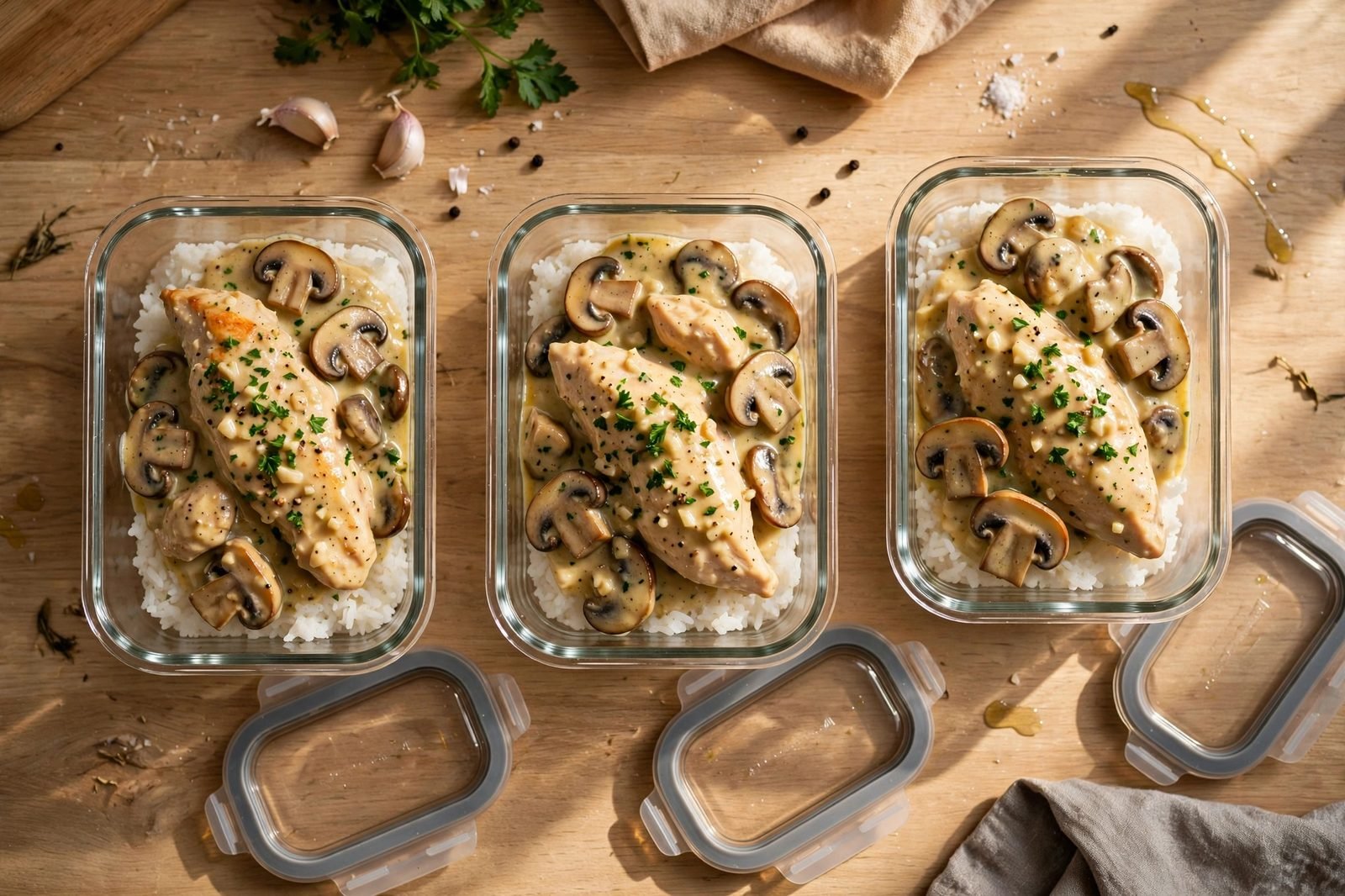 Glass meal-prep containers filled with creamy garlic butter chicken and mushrooms over rice.