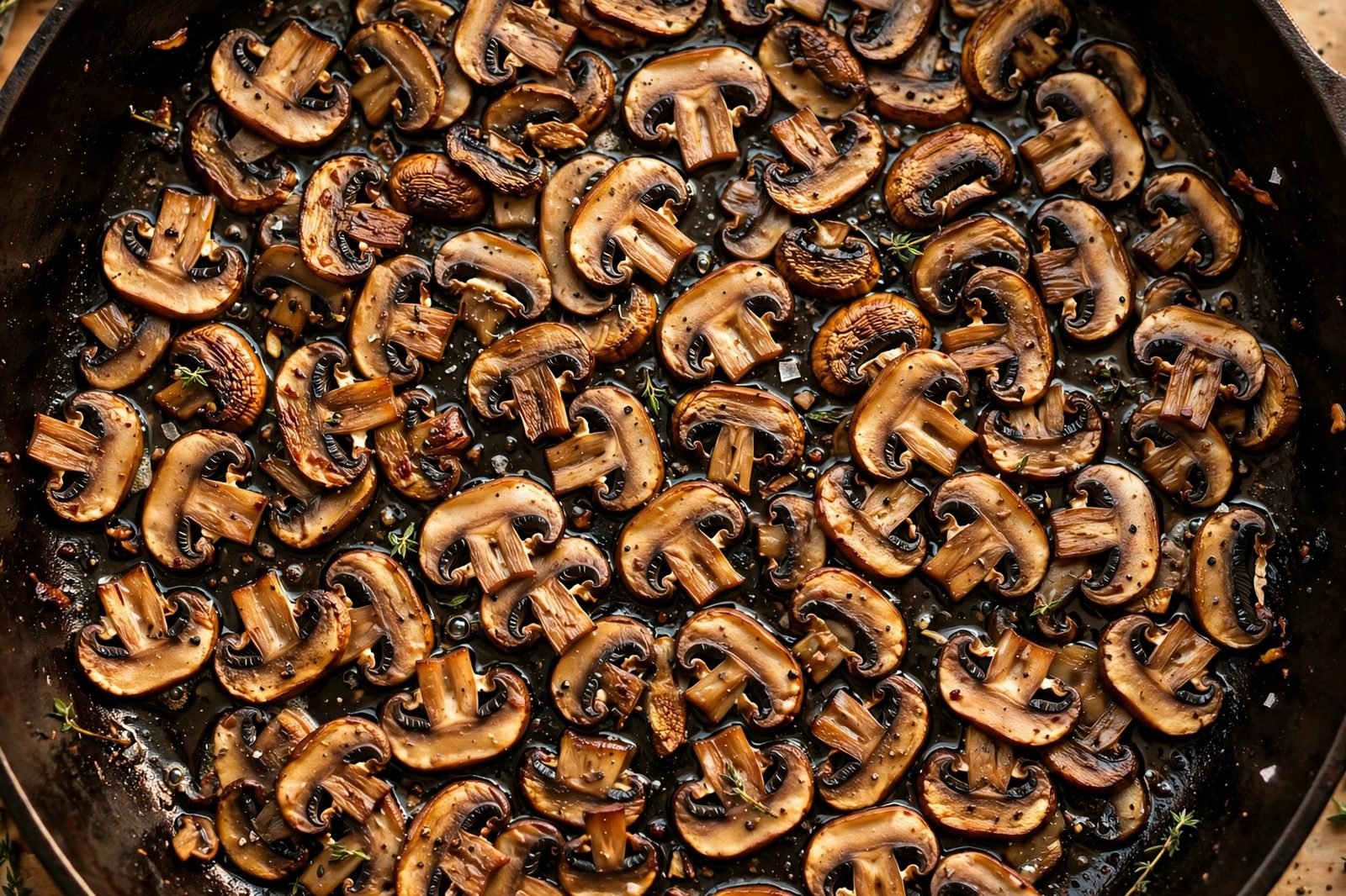 Sliced mushrooms searing in a single layer in a skillet, edges browning.