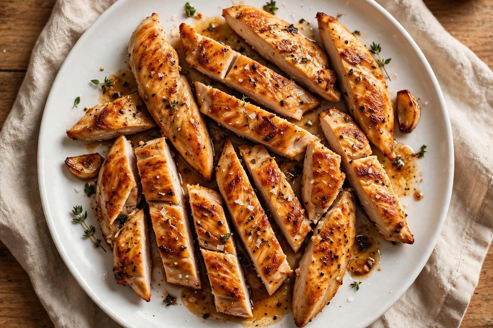 Golden seared chicken strips resting on a plate.