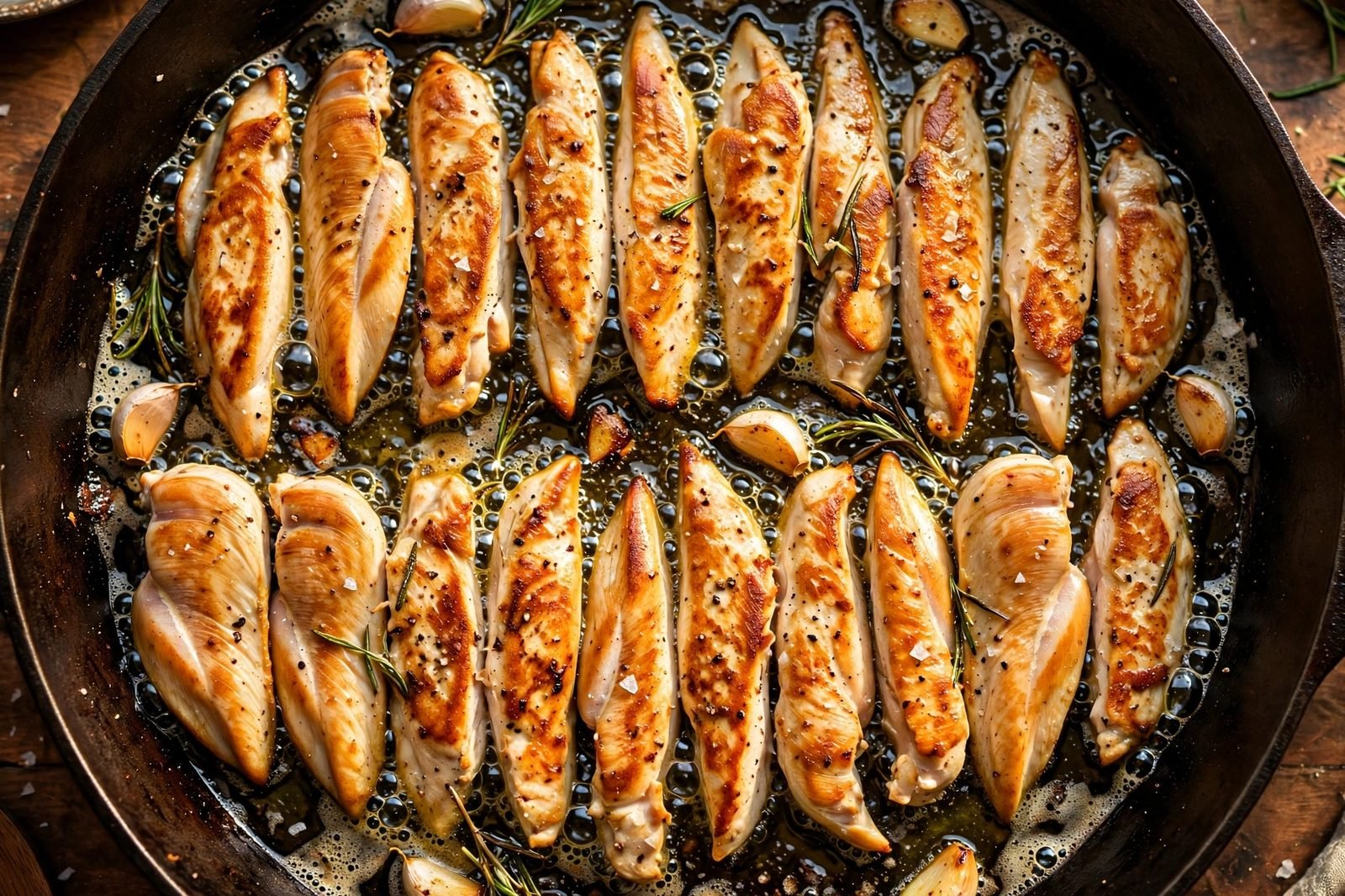 Chicken strips searing golden in a hot skillet with olive oil.