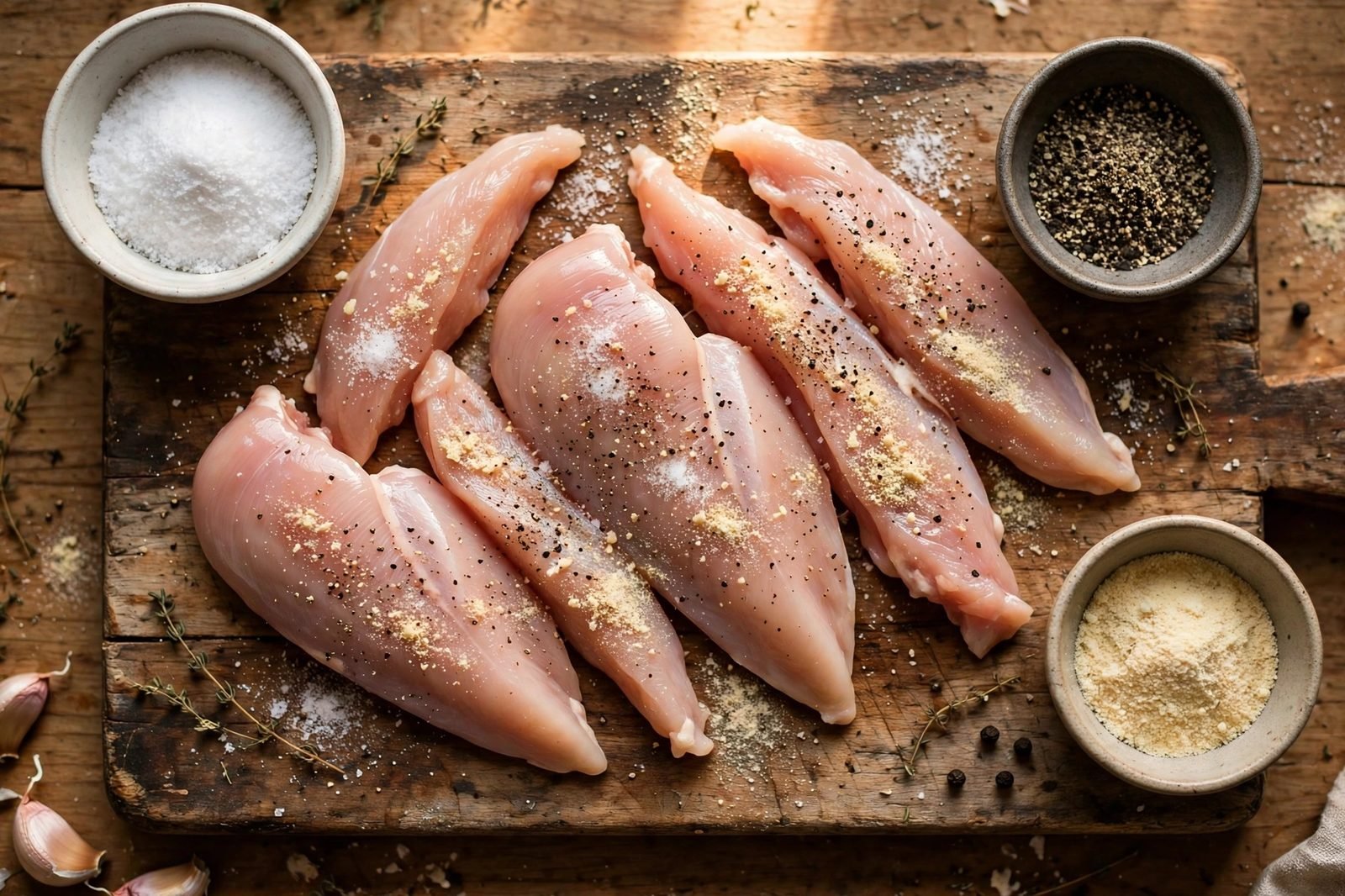 Raw chicken strips on a cutting board being seasoned with salt, pepper, and garlic powder.