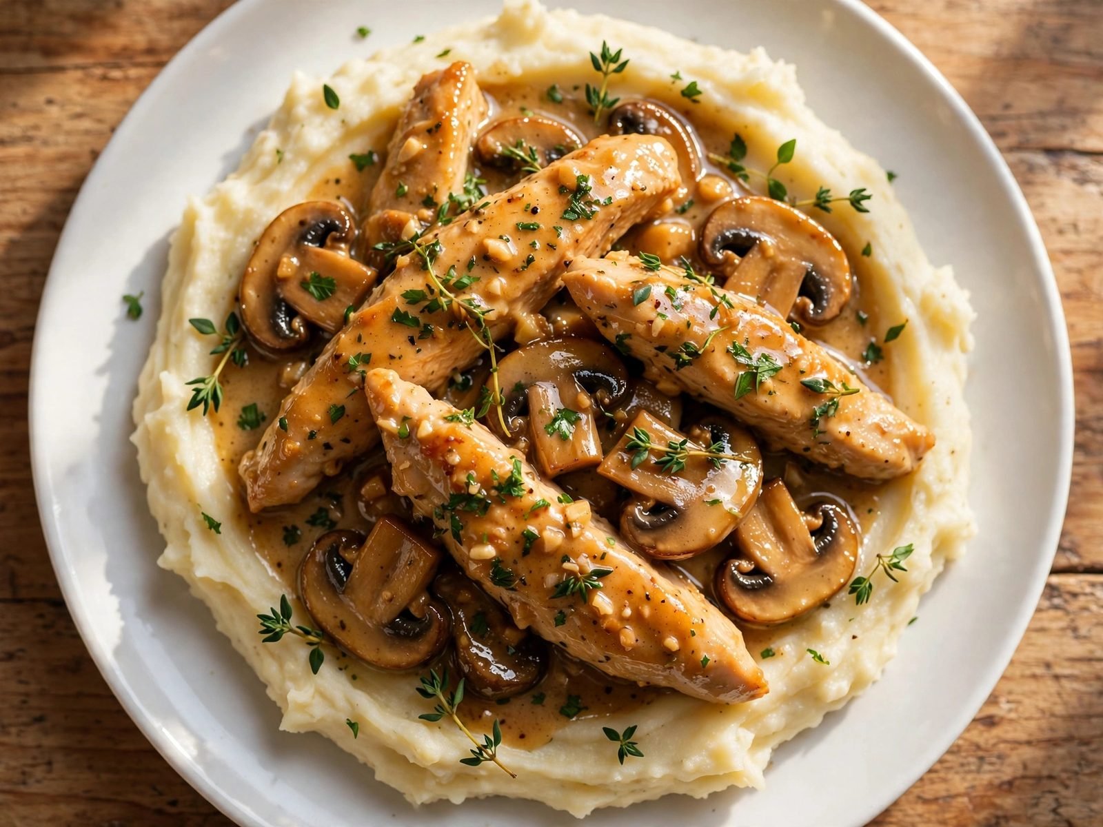 Close-up of a plated serving of creamy garlic butter chicken and mushrooms over mashed potatoes with parsley.