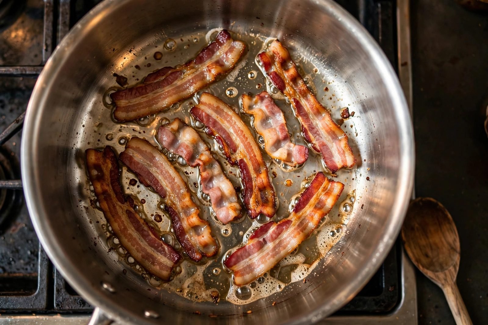 Bacon pieces browning and crisping in a large pot with rendered fat.