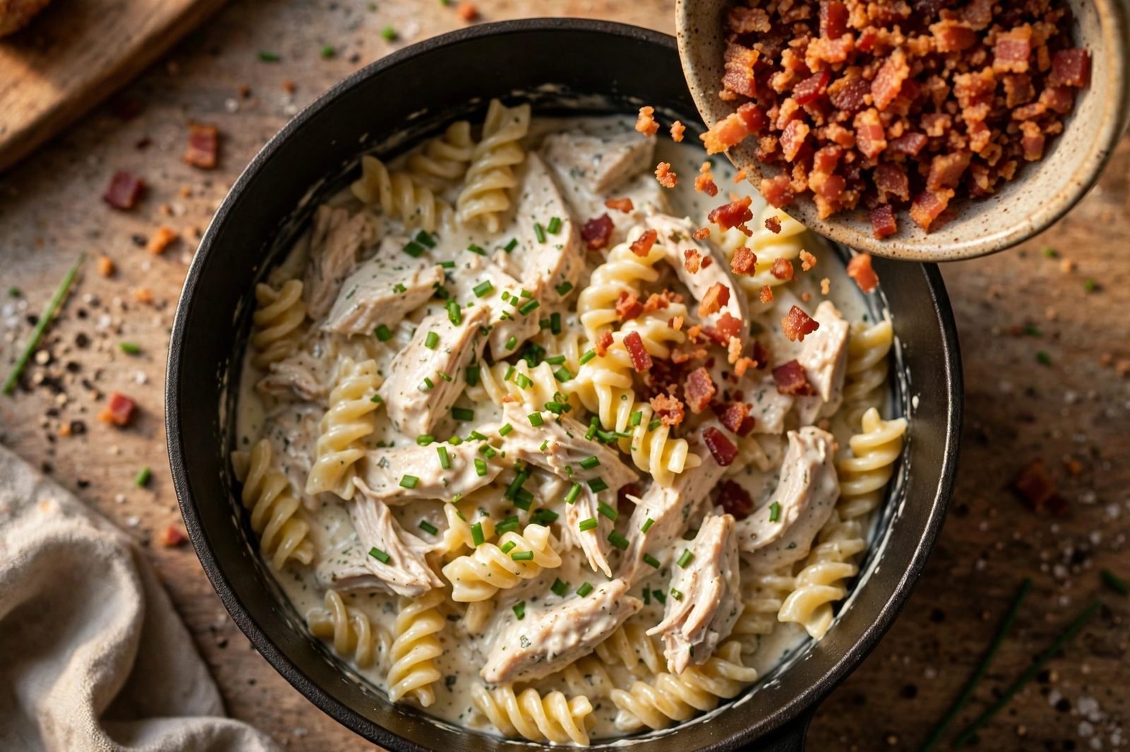 Crispy bacon bits being sprinkled over a pot of finished creamy chicken ranch pasta.