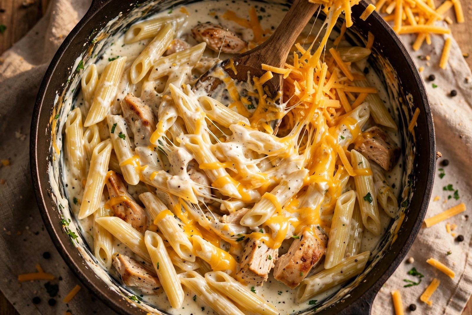 Shredded cheddar melting into creamy ranch pasta with a wooden spoon mid-stir.