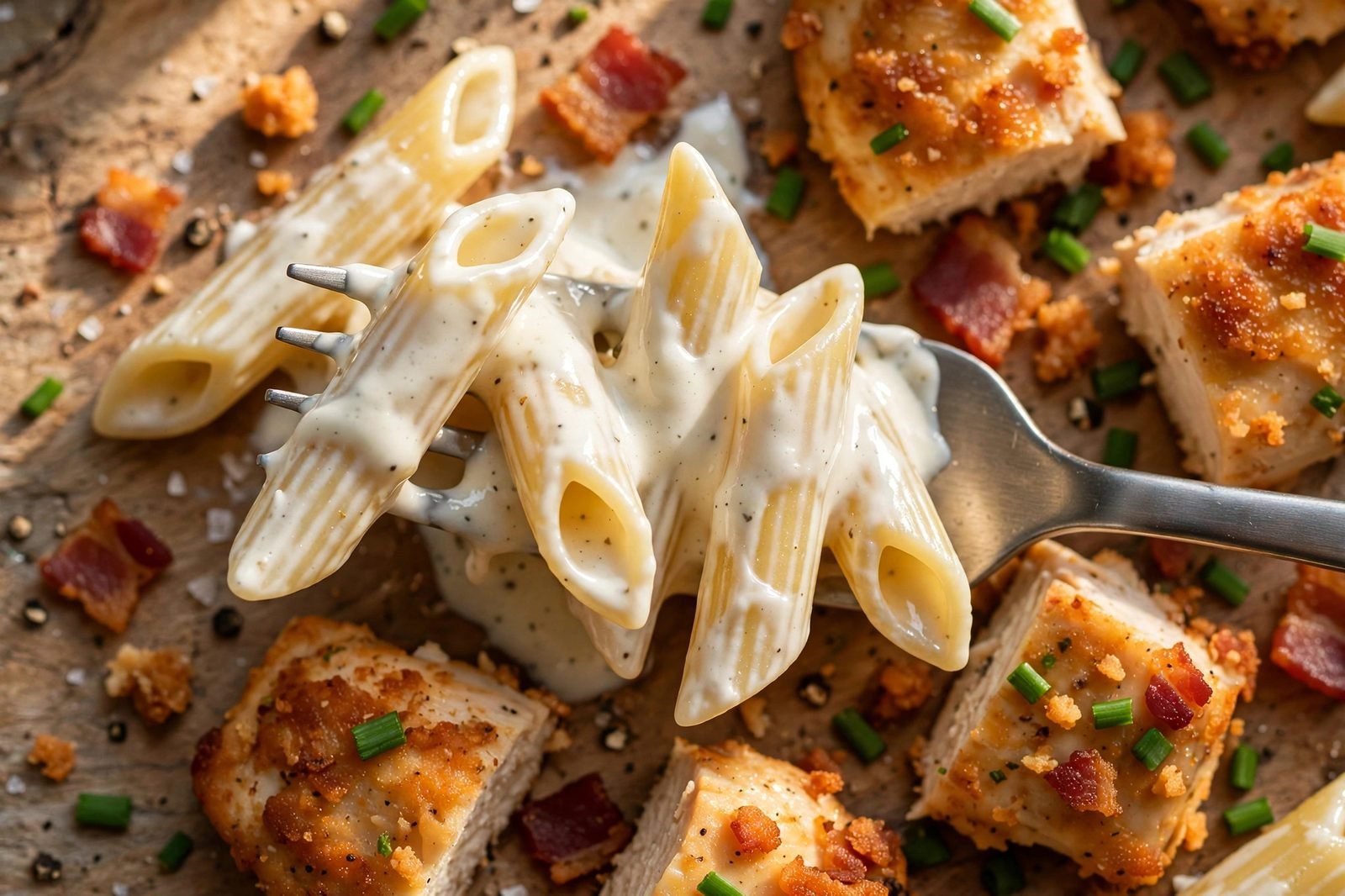 Close-up of creamy ranch penne twirled on a fork with chicken, bacon bits, and chives.