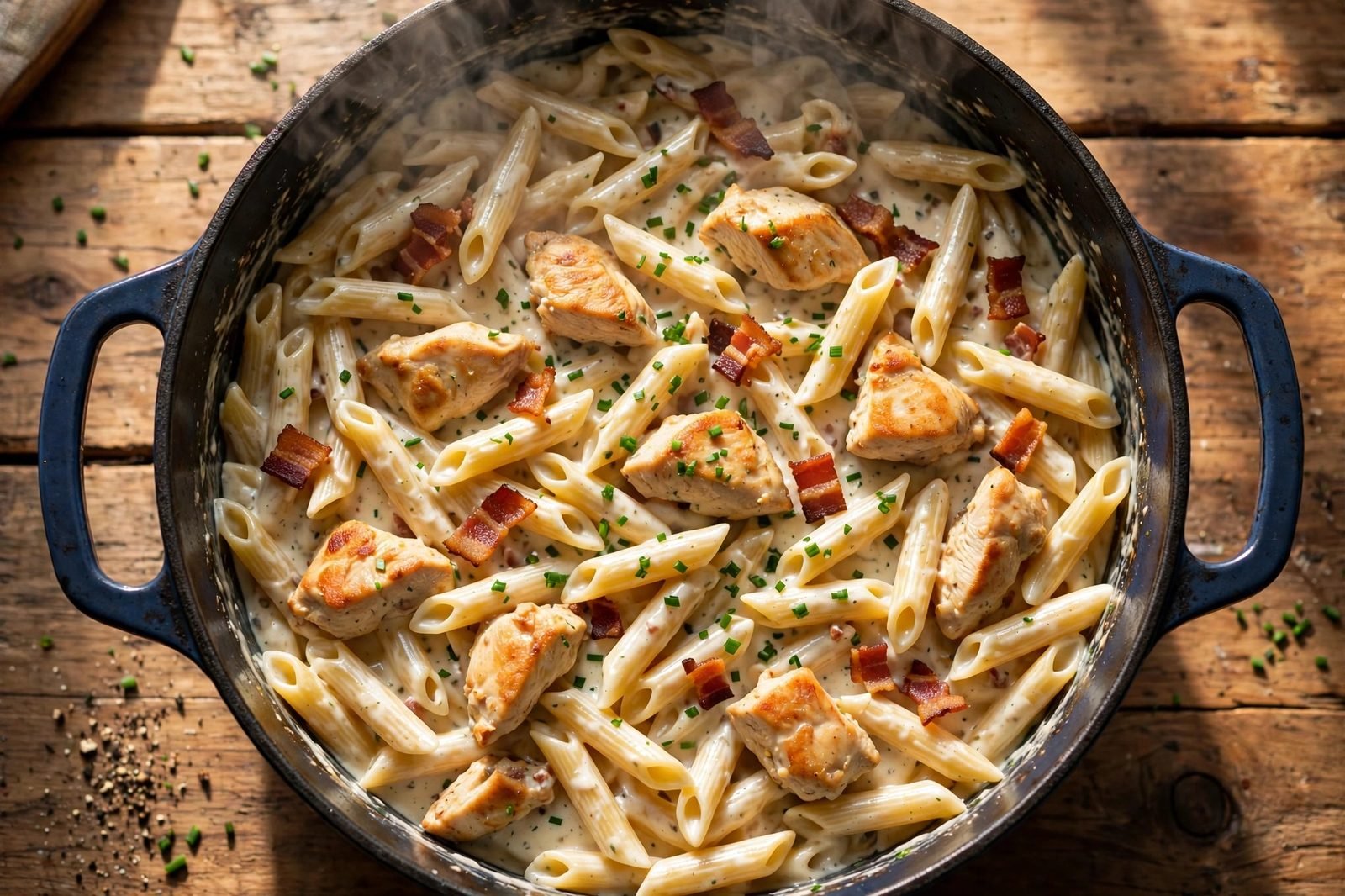 Overhead of a pot of creamy chicken bacon ranch pasta: penne in ranch sauce with seared chicken pieces, crispy bacon bits, and chopped chives.