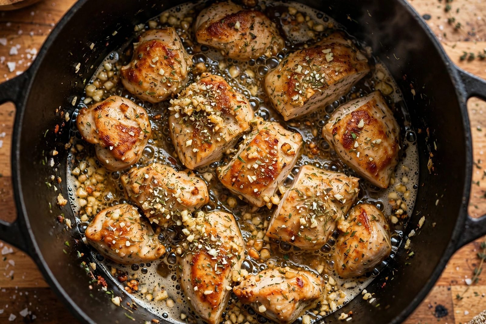 Close-up of minced garlic sizzling with chicken pieces and ranch seasoning in a pot.