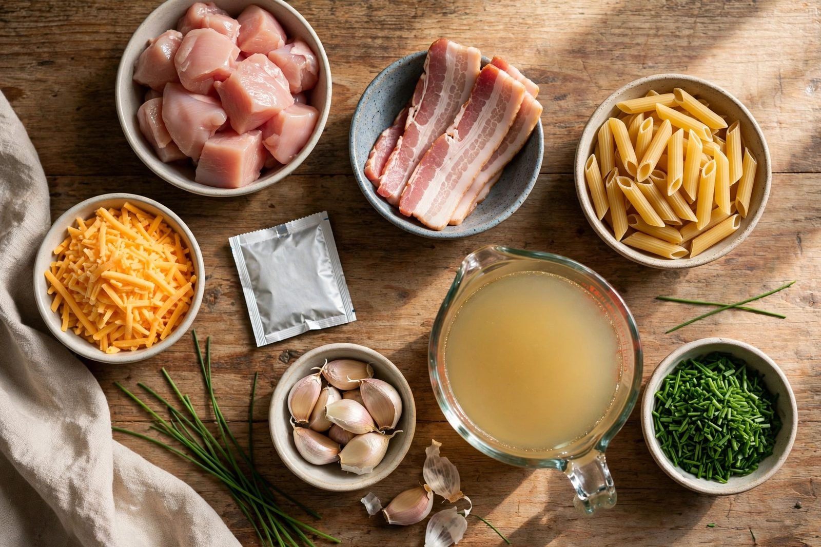Ingredients for chicken bacon ranch pasta arranged on a wooden table: raw chicken pieces, bacon strips, uncooked penne, shredded cheddar, ranch seasoning, garlic, chicken broth, and chives.