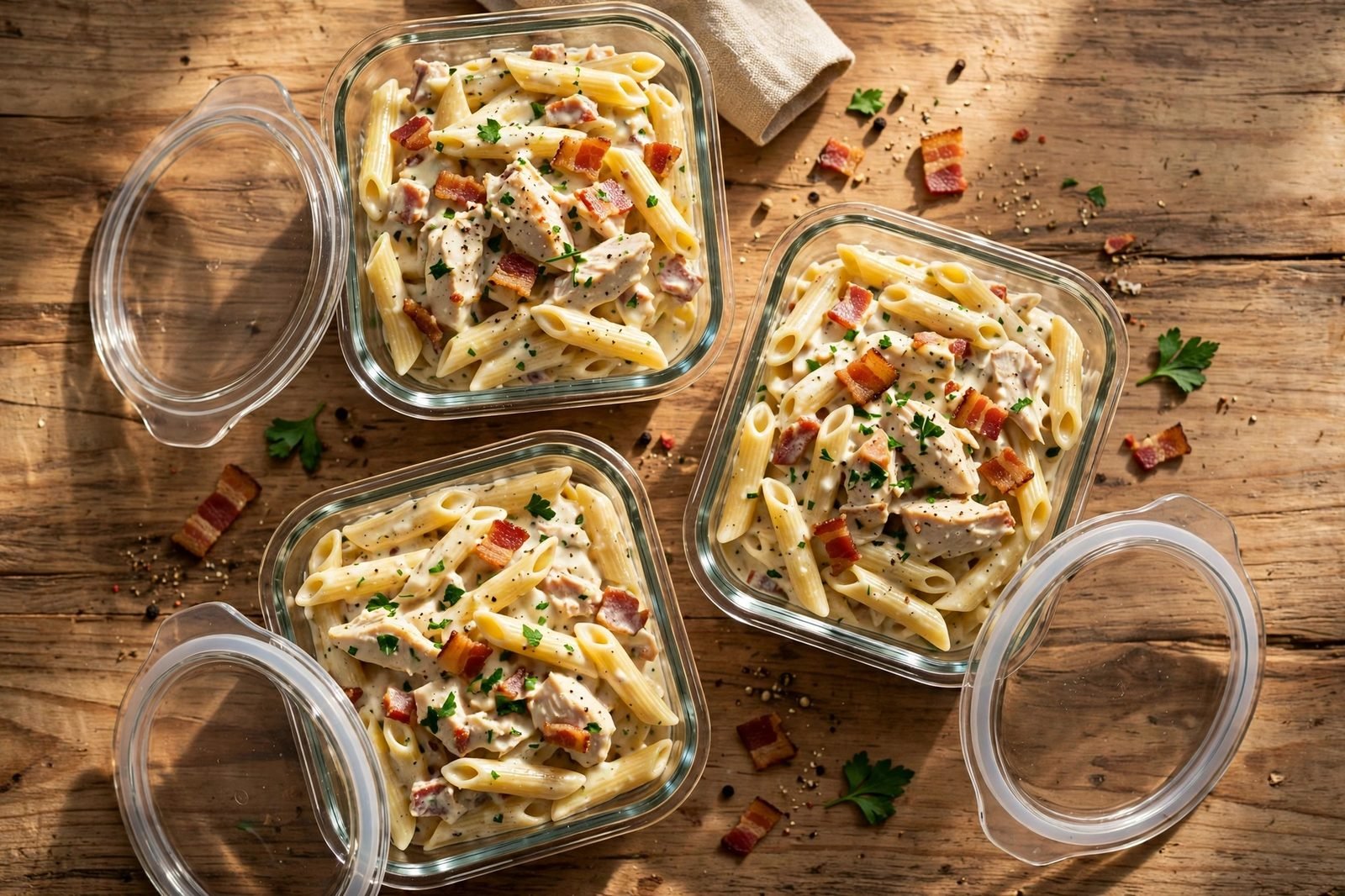 Three glass meal-prep containers filled with chicken bacon ranch pasta, lids beside them.
