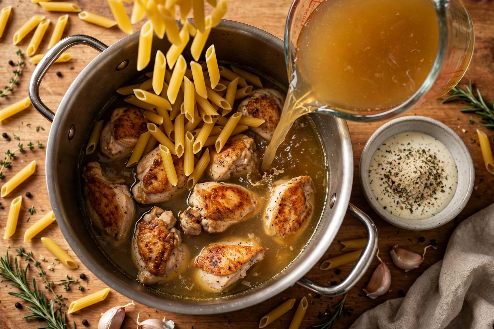 Uncooked penne and chicken broth being added to a pot with seared chicken.