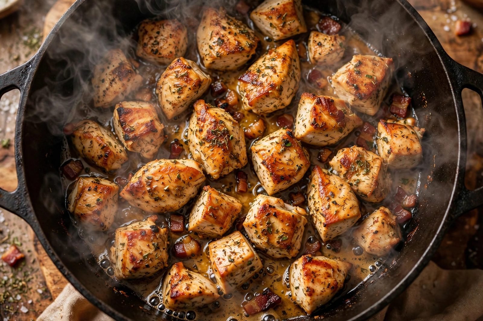 Bite-size chicken pieces searing golden in a pot.