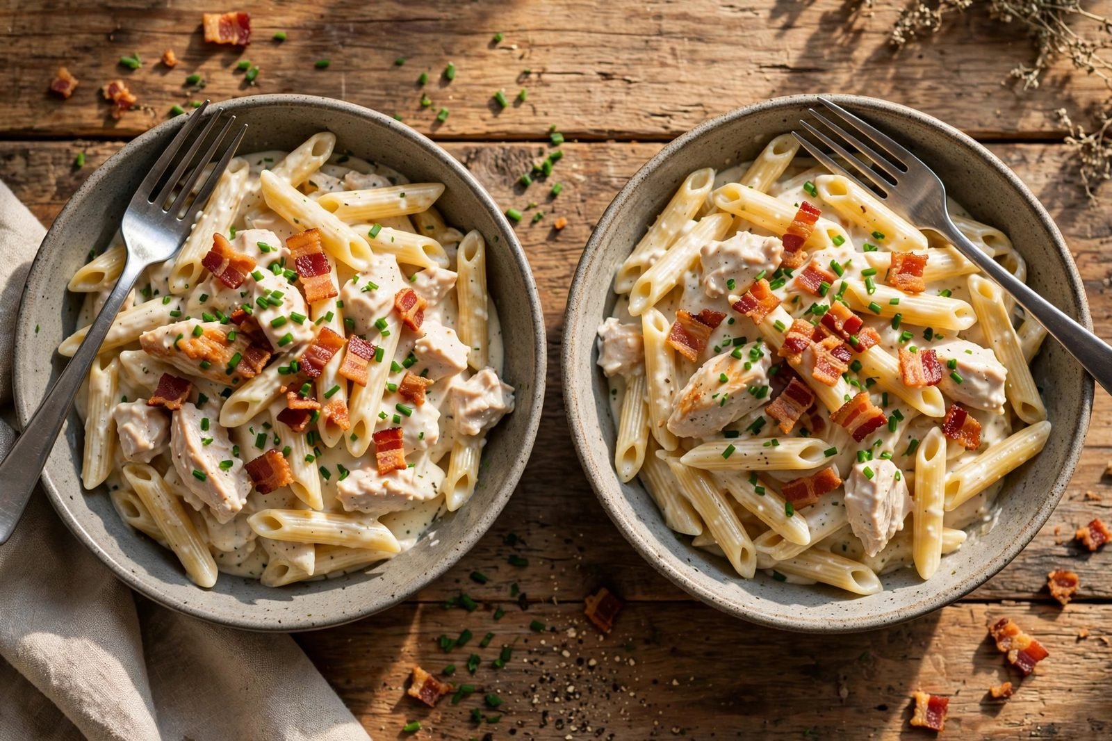 Two bowls of chicken bacon ranch pasta topped with bacon bits and chives, forks resting on the bowls.