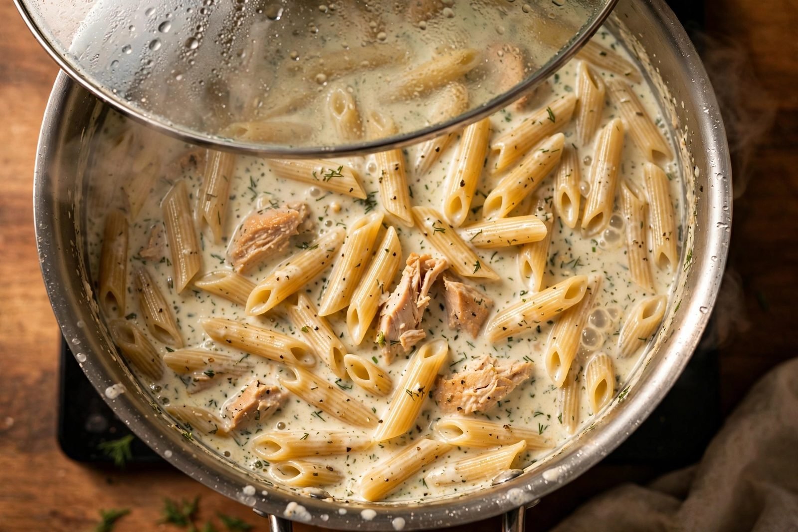 Penne simmering in creamy ranch broth under a glass lid with condensation.