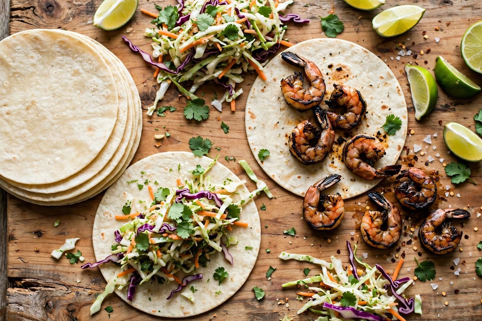 Warm tortillas being filled with lime slaw and blackened shrimp on a wooden board.