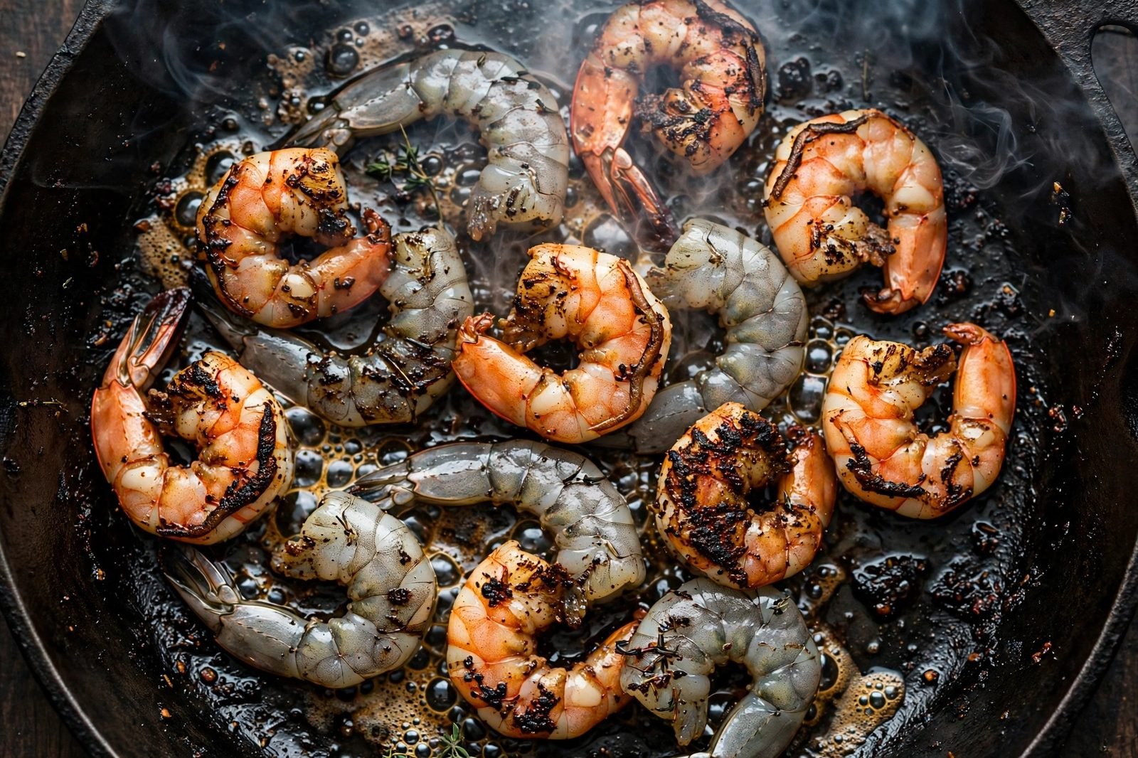 Spice-crusted shrimp searing in a hot cast-iron skillet, charring at the edges.