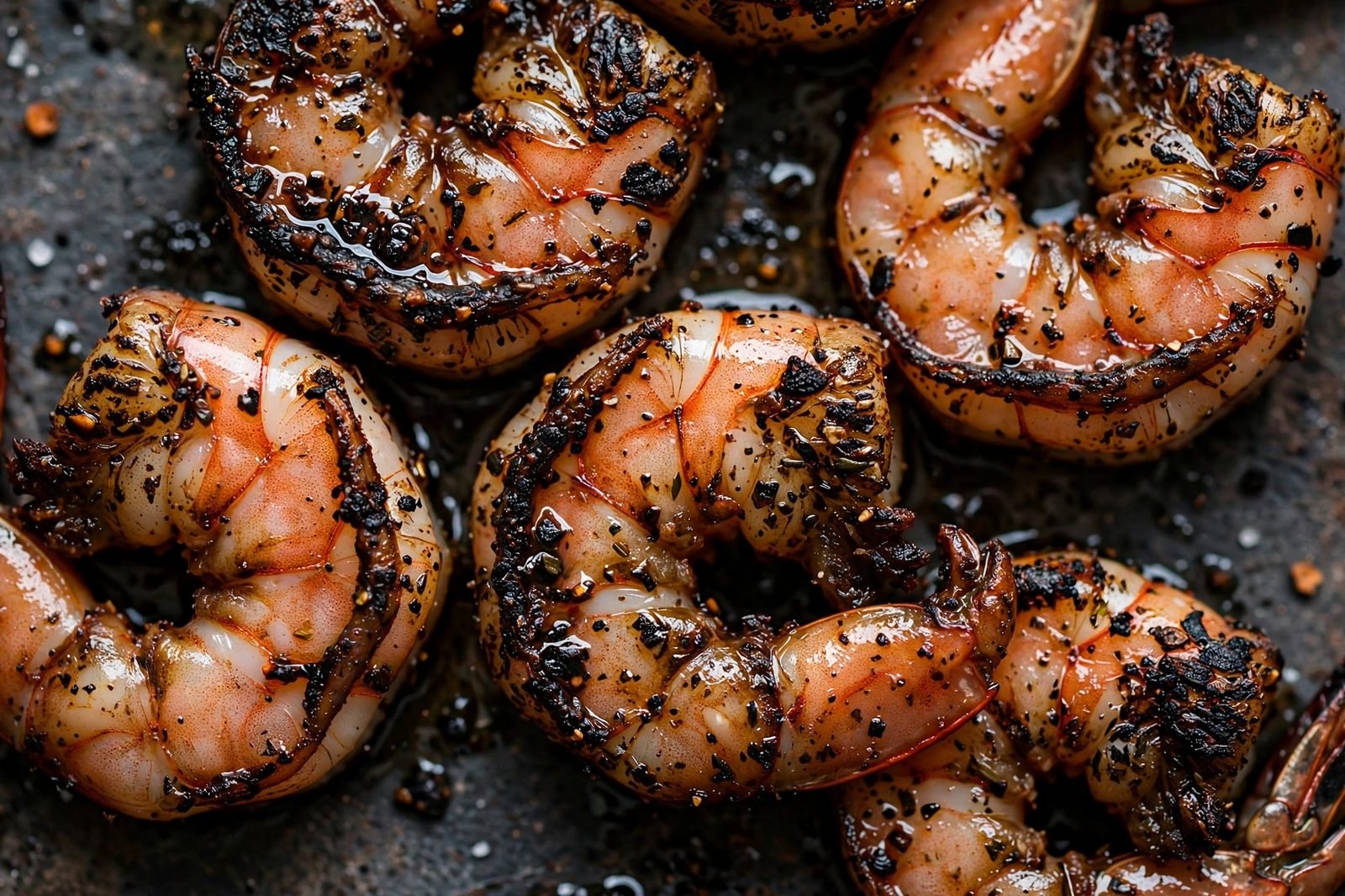 Close-up of blackened shrimp with charred spice crust.