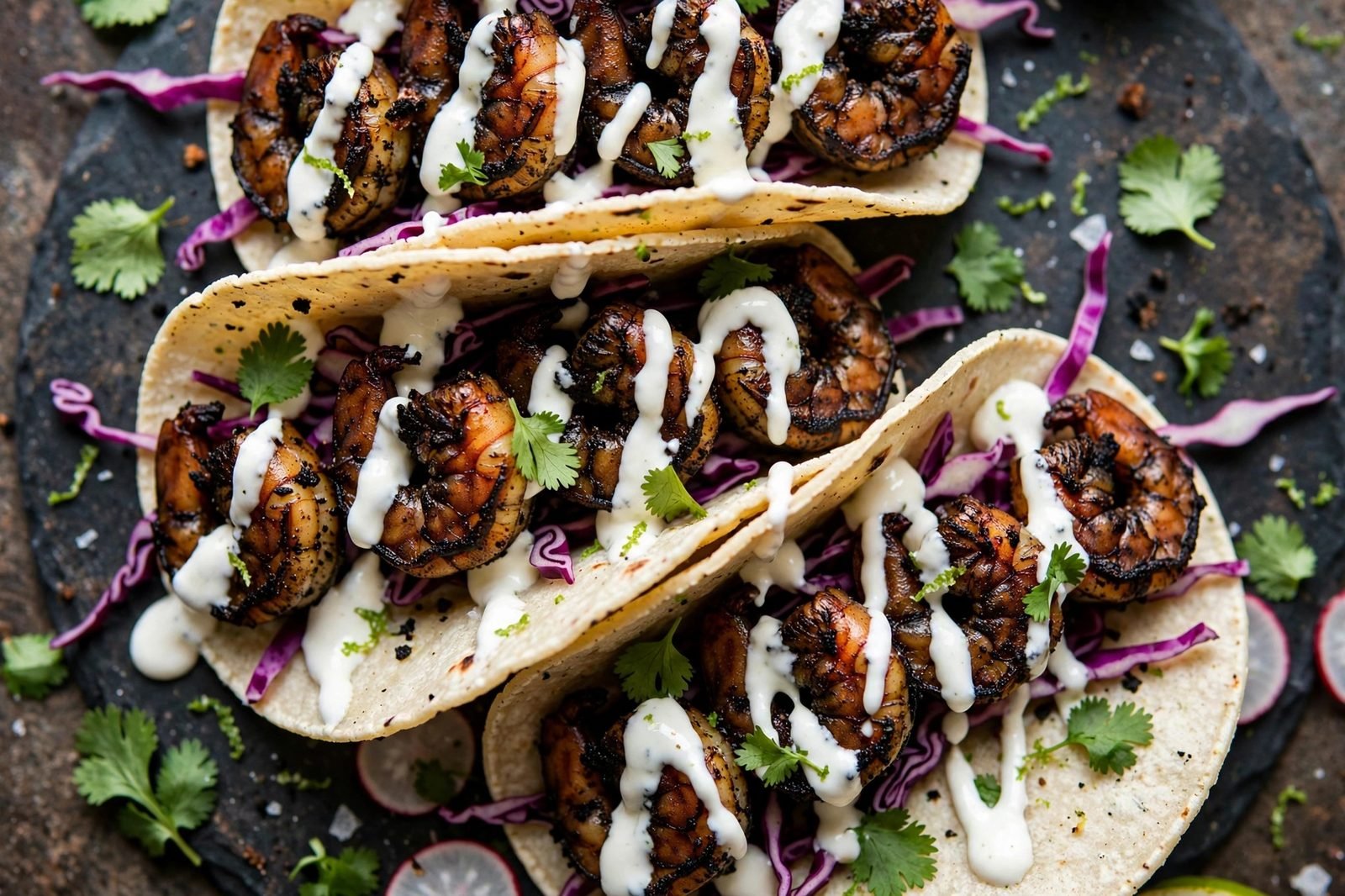 Finished blackened shrimp tacos drizzled with lime crema and scattered cilantro.