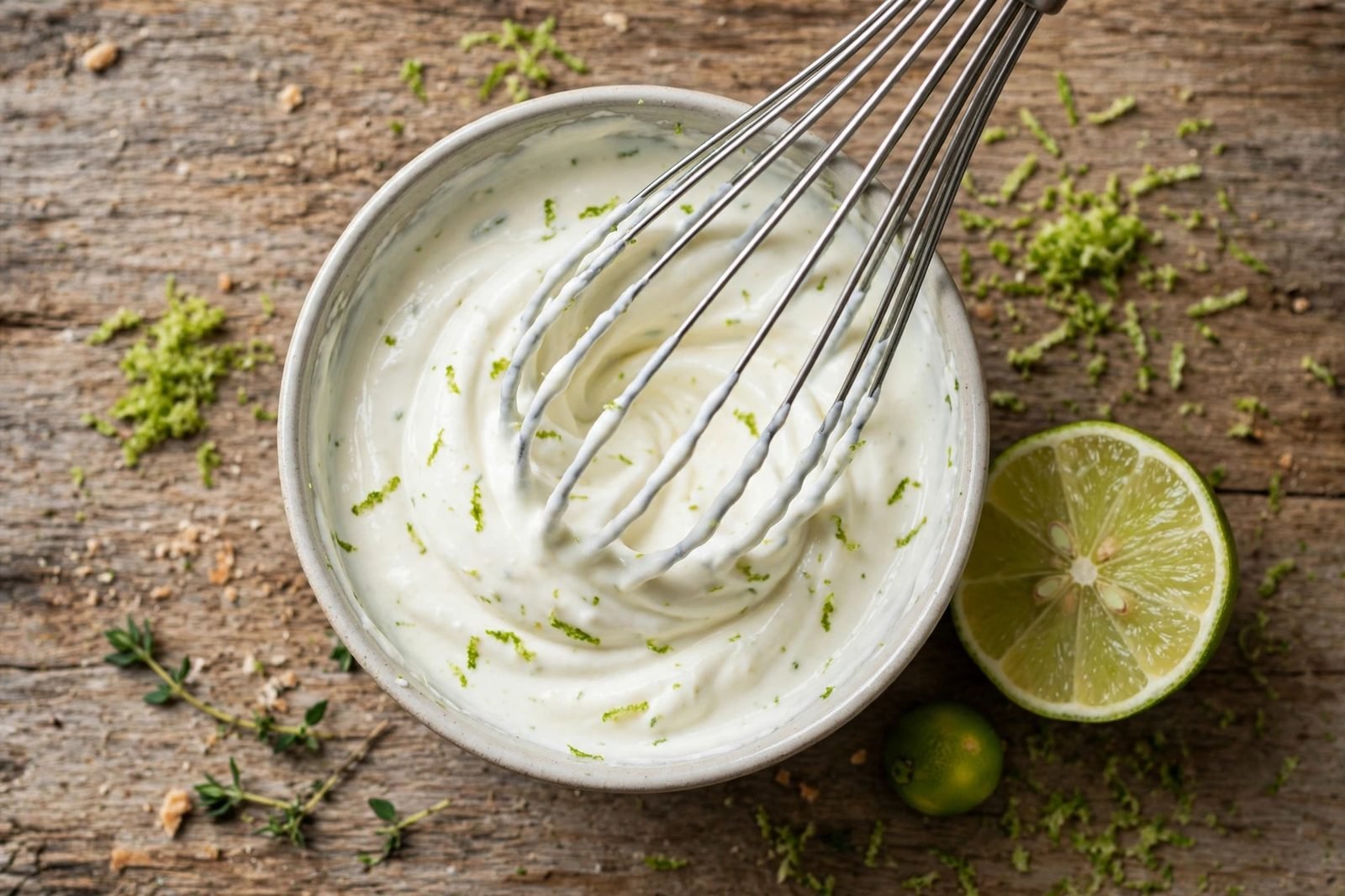 Lime crema being whisked in a small bowl, with lime zest and a cut lime nearby.