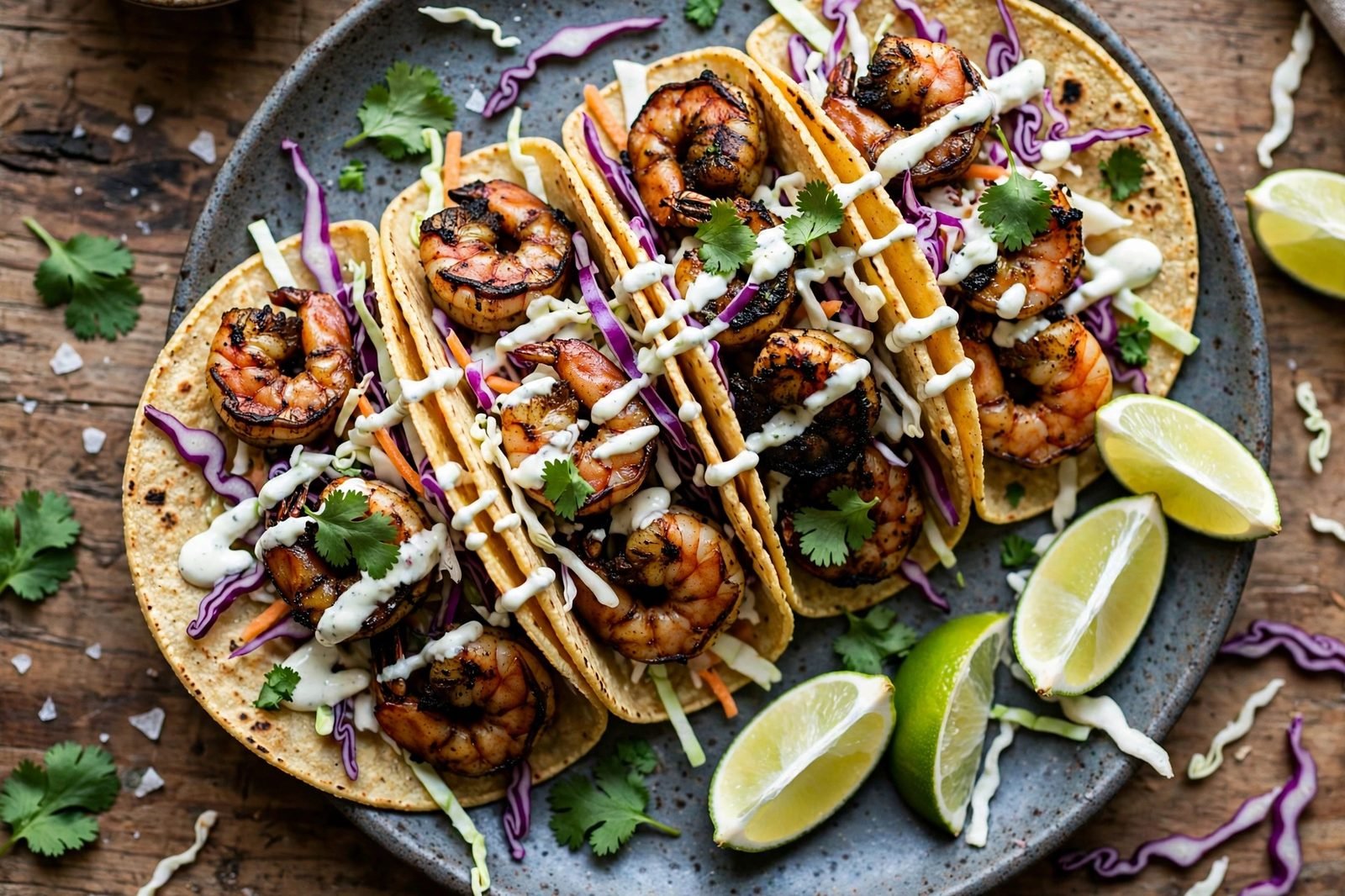 Platter of blackened shrimp tacos in warm tortillas with slaw, lime crema drizzle, cilantro, and lime wedges.