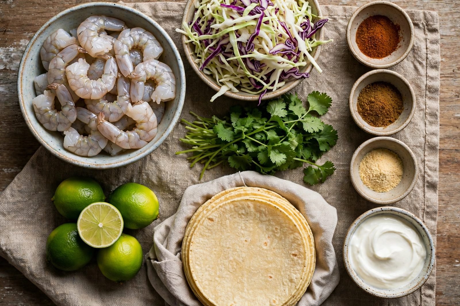 Ingredients for blackened shrimp tacos arranged on a counter: raw shrimp, shredded cabbage, limes, cilantro, spices, sour cream, and tortillas.
