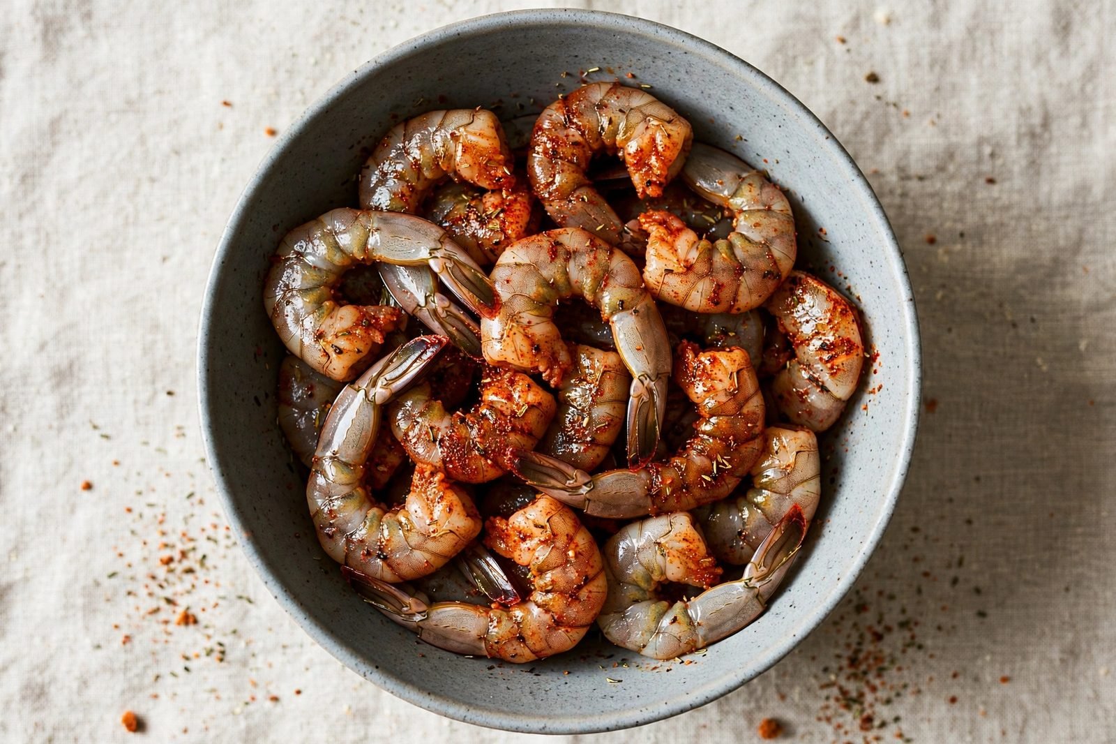Raw shrimp coated in red blackening seasoning in a mixing bowl.