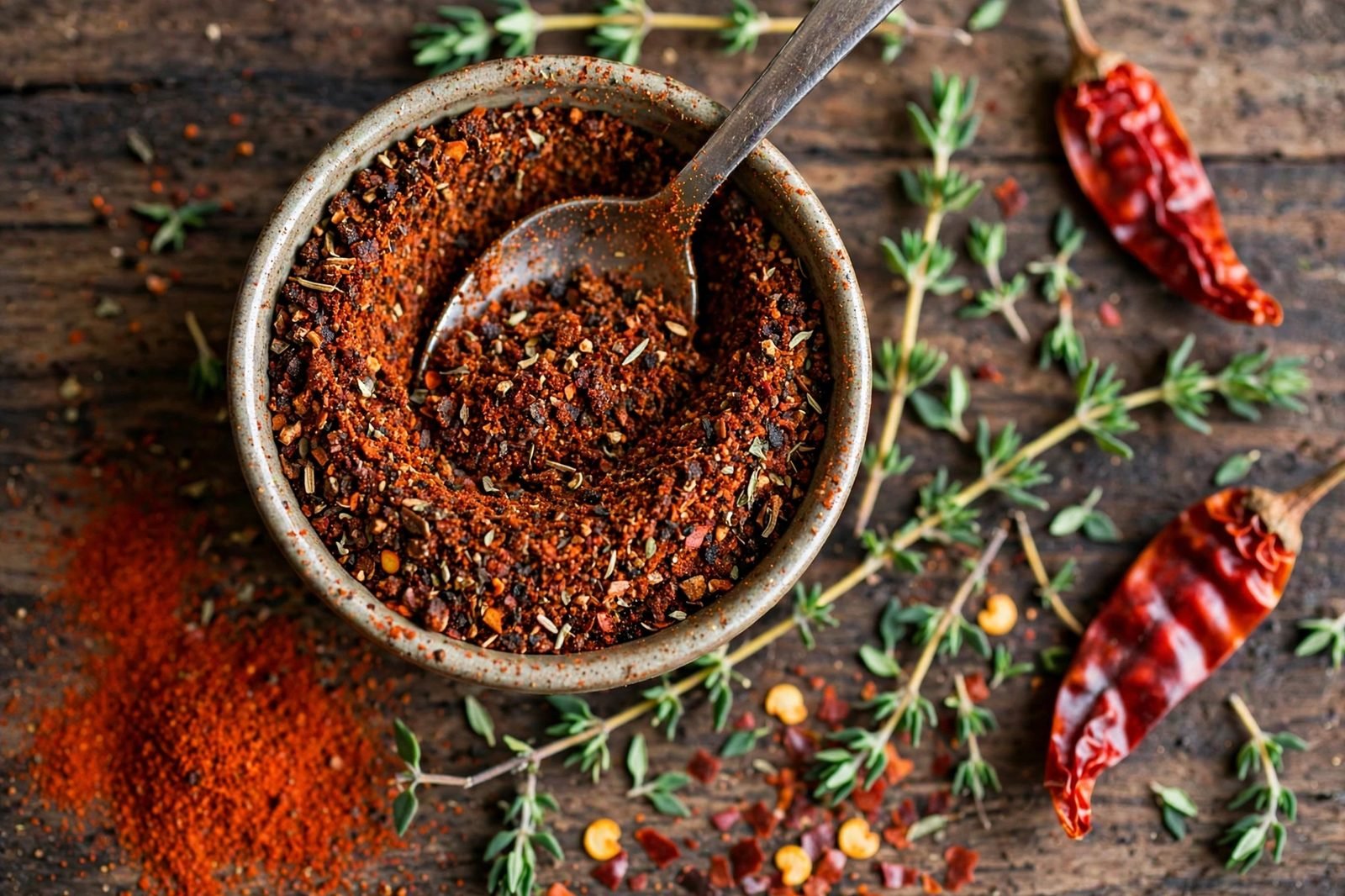 Small bowl of reddish homemade blackening seasoning with a spoon.