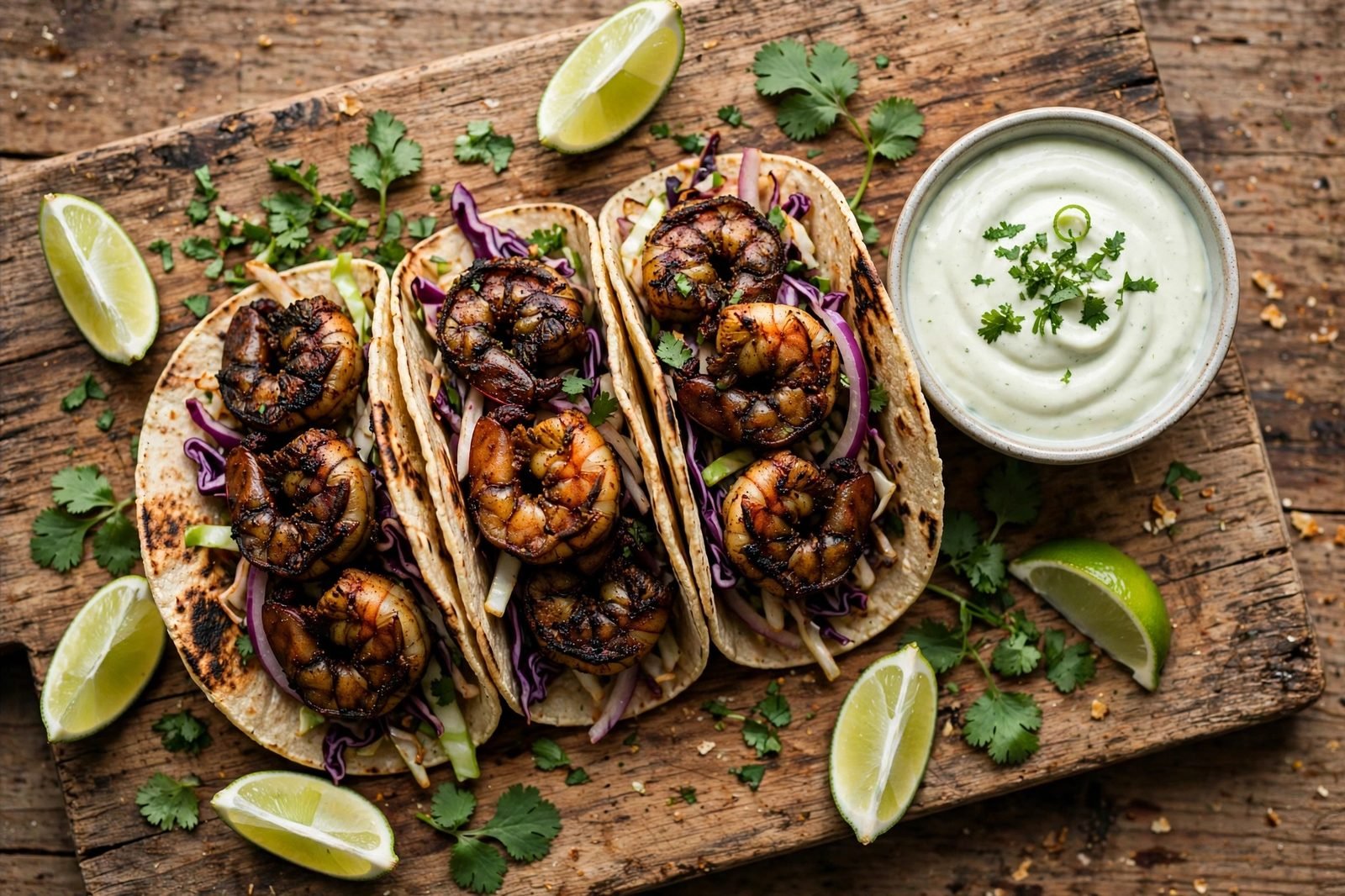 Blackened shrimp tacos arranged on a wooden board with lime wedges, cilantro, and lime crema.