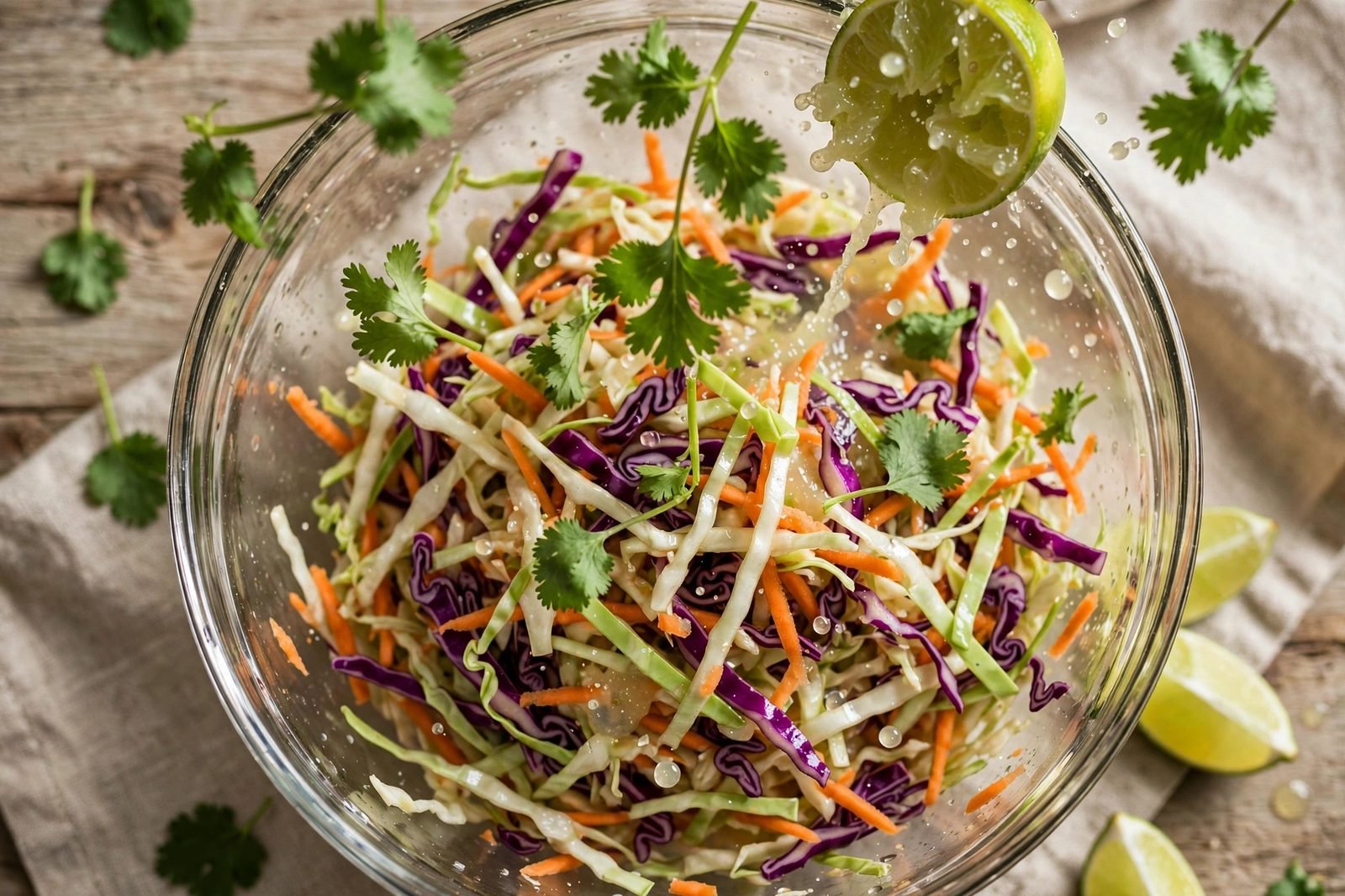 Shredded cabbage slaw with cilantro and lime being tossed in a glass bowl.