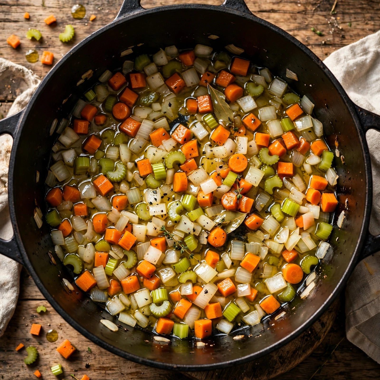 Diced onion, carrot, and celery softening in a pot.