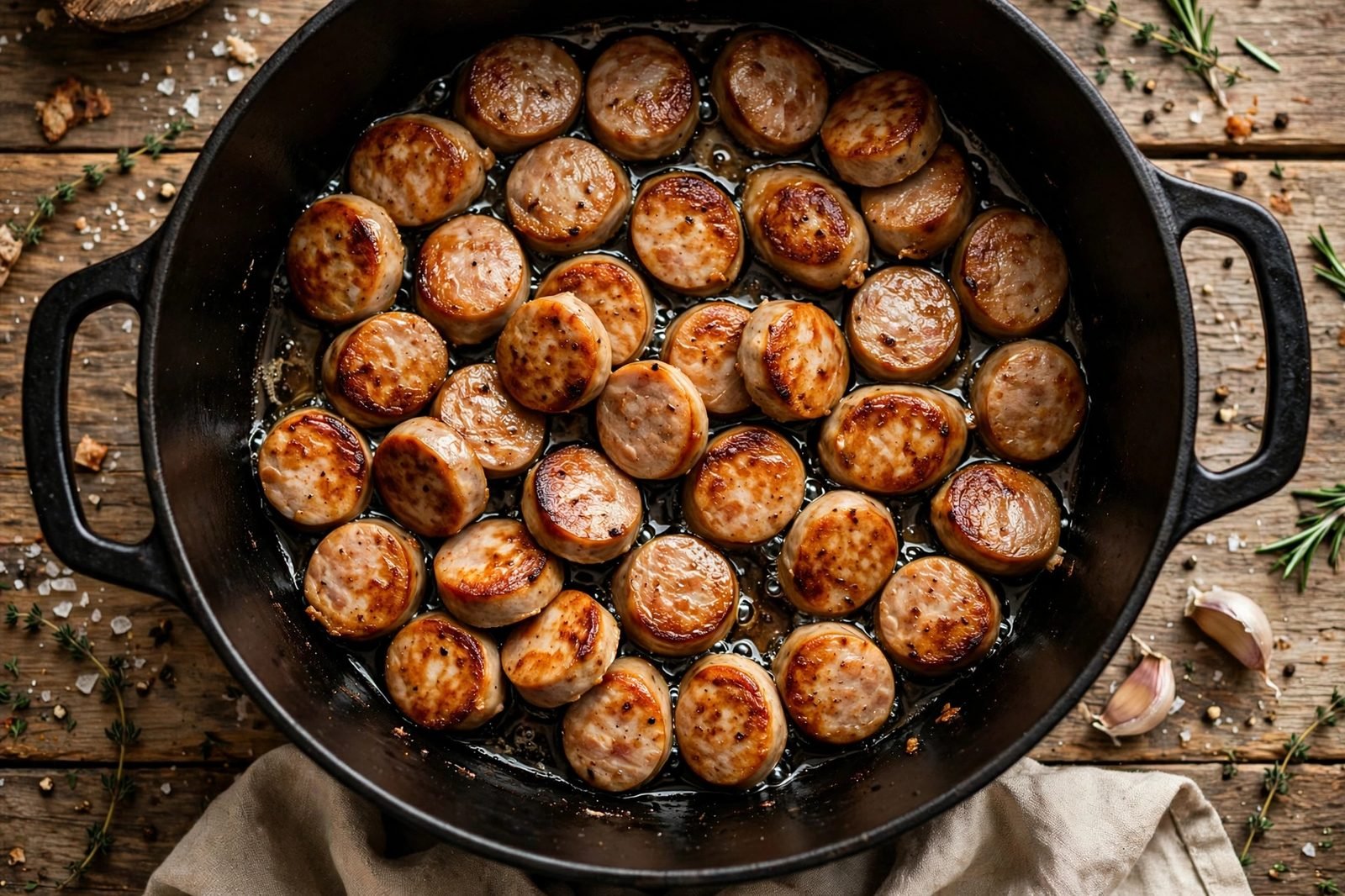 Sausage rounds browning in a Dutch oven.
