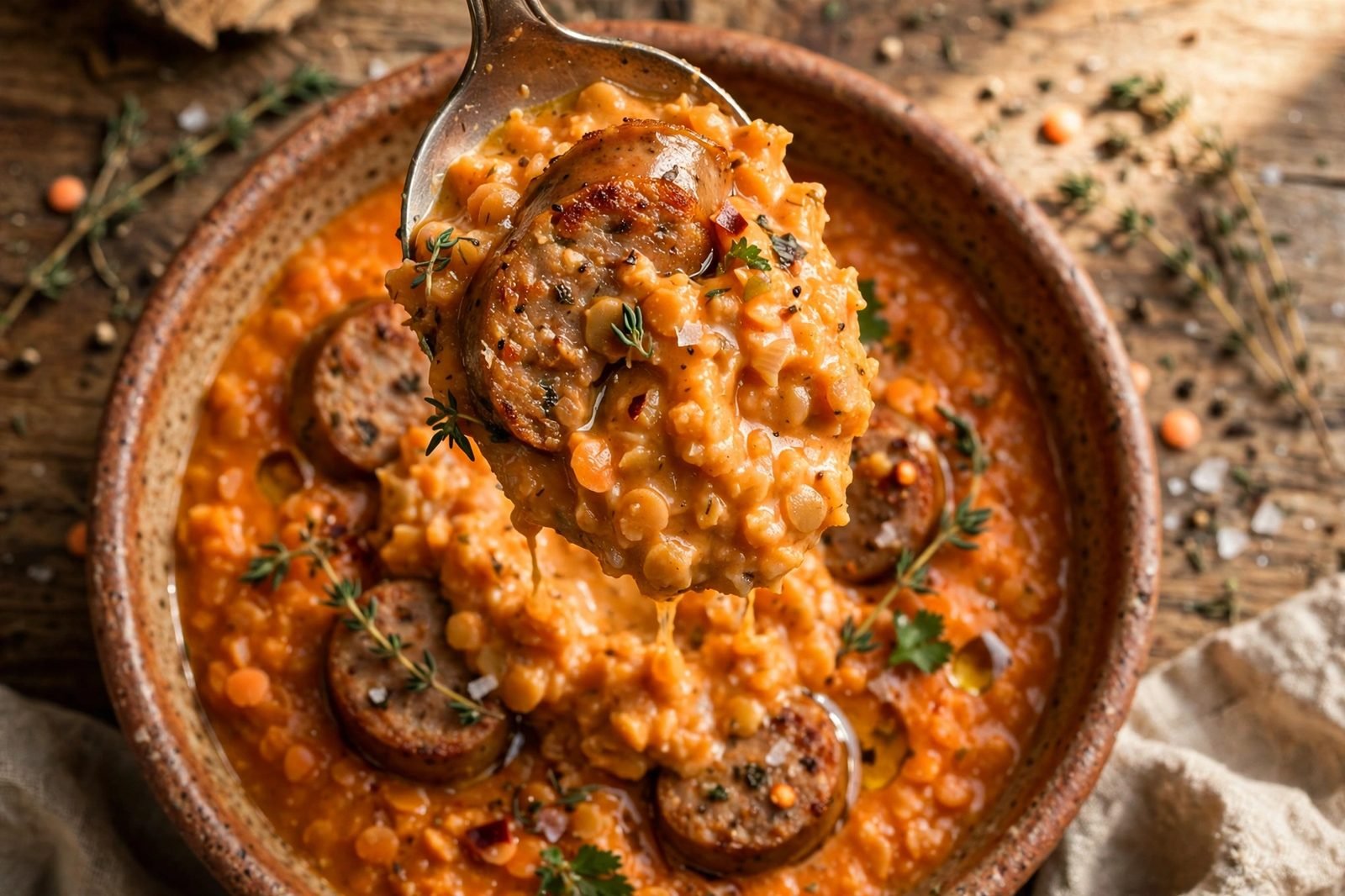 Spoonful of thick orange-red stew showing lentils and sausage.