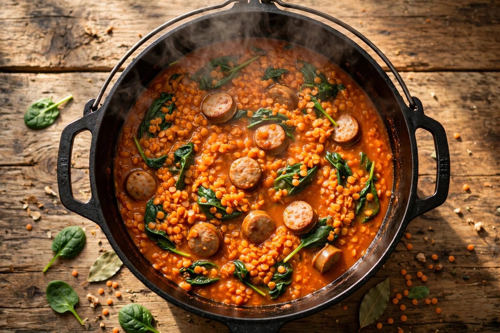Dutch oven of lentil and sausage stew with spinach and sausage slices.